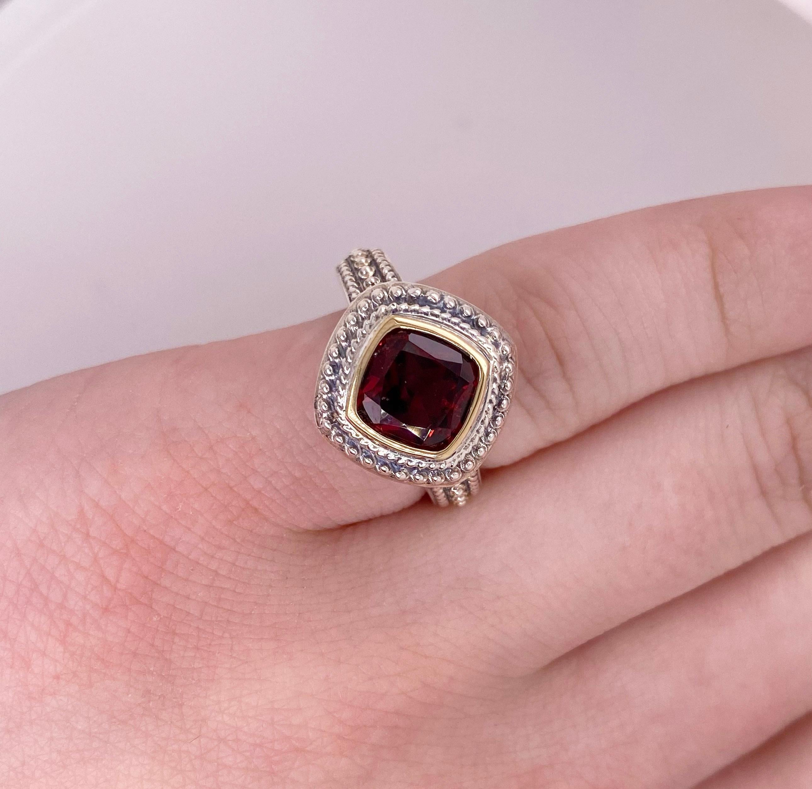 This ring is so cool as it is mixed metals and the cushion garnet is set on point. The design is very appealing and it sets close on your finger so that it will never be in the way! We also have matching earrings! Red garnets with beading all around