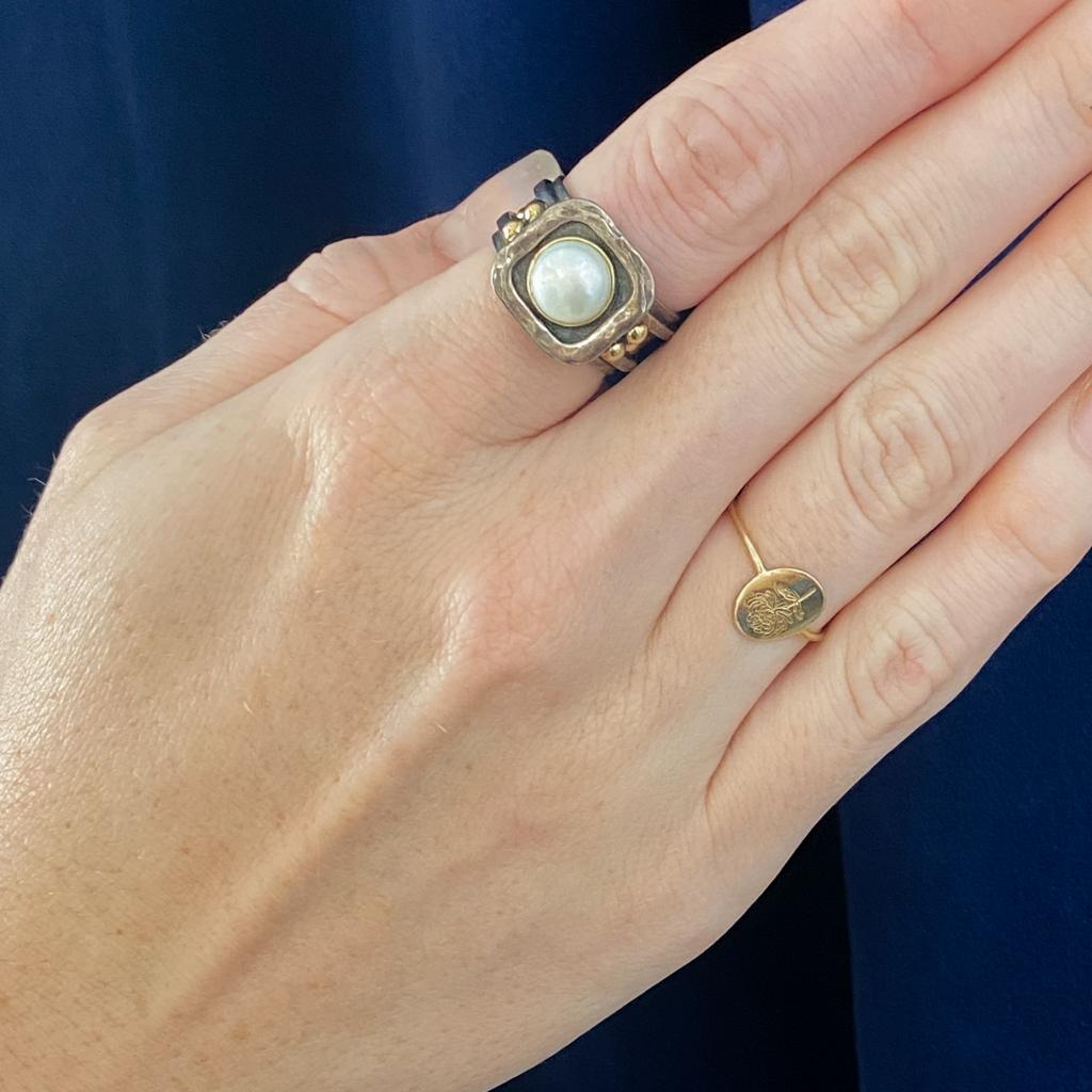This is a gorgeous and affordable pearl ring design...
... Feels both modern and ancient with Etruscan revival gold bead accents on textured wide band and cushion shaped frame 

perfect gift for your loved one or yourself! 

This fabulous ring feels