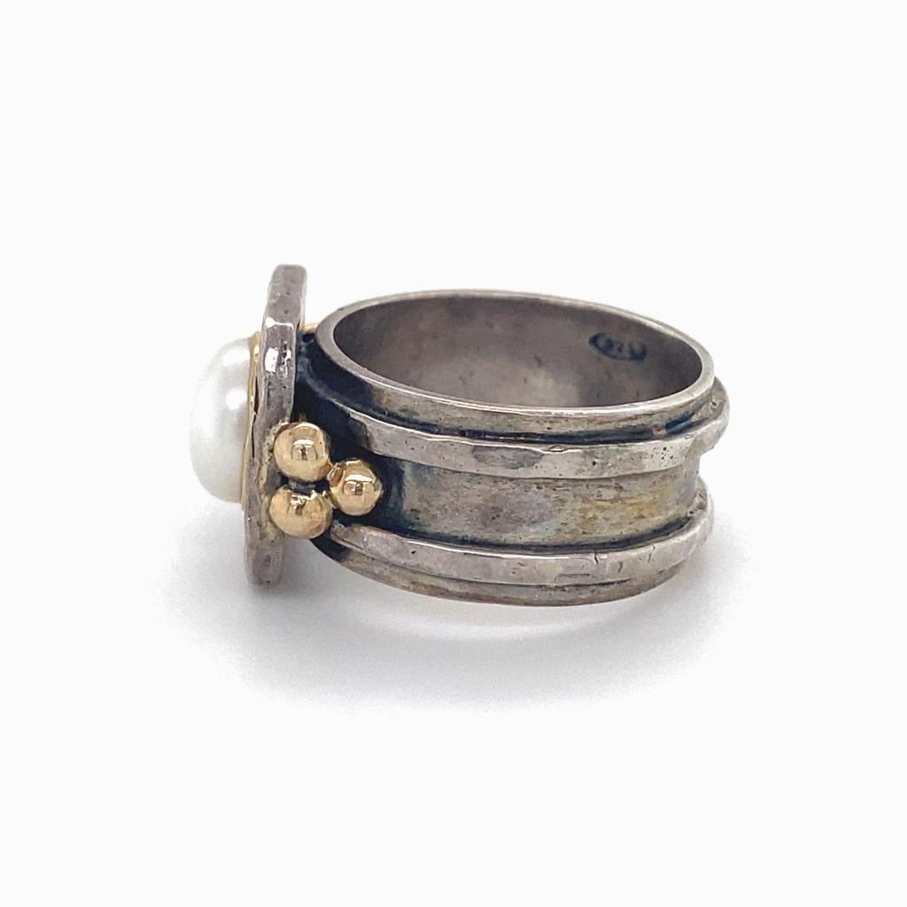 Women's Mixed Metals Pearl Ring, Sterling & 14K Yellow Gold, Mabe Pearl Etruscan Revival For Sale