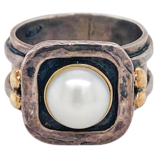 Mixed Metals Pearl Ring, Sterling & 14K Yellow Gold, Mabe Pearl Etruscan Revival For Sale