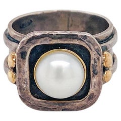 Mixed Metals Pearl Ring, Sterling & 14K Yellow Gold, Mabe Pearl Etruscan Revival