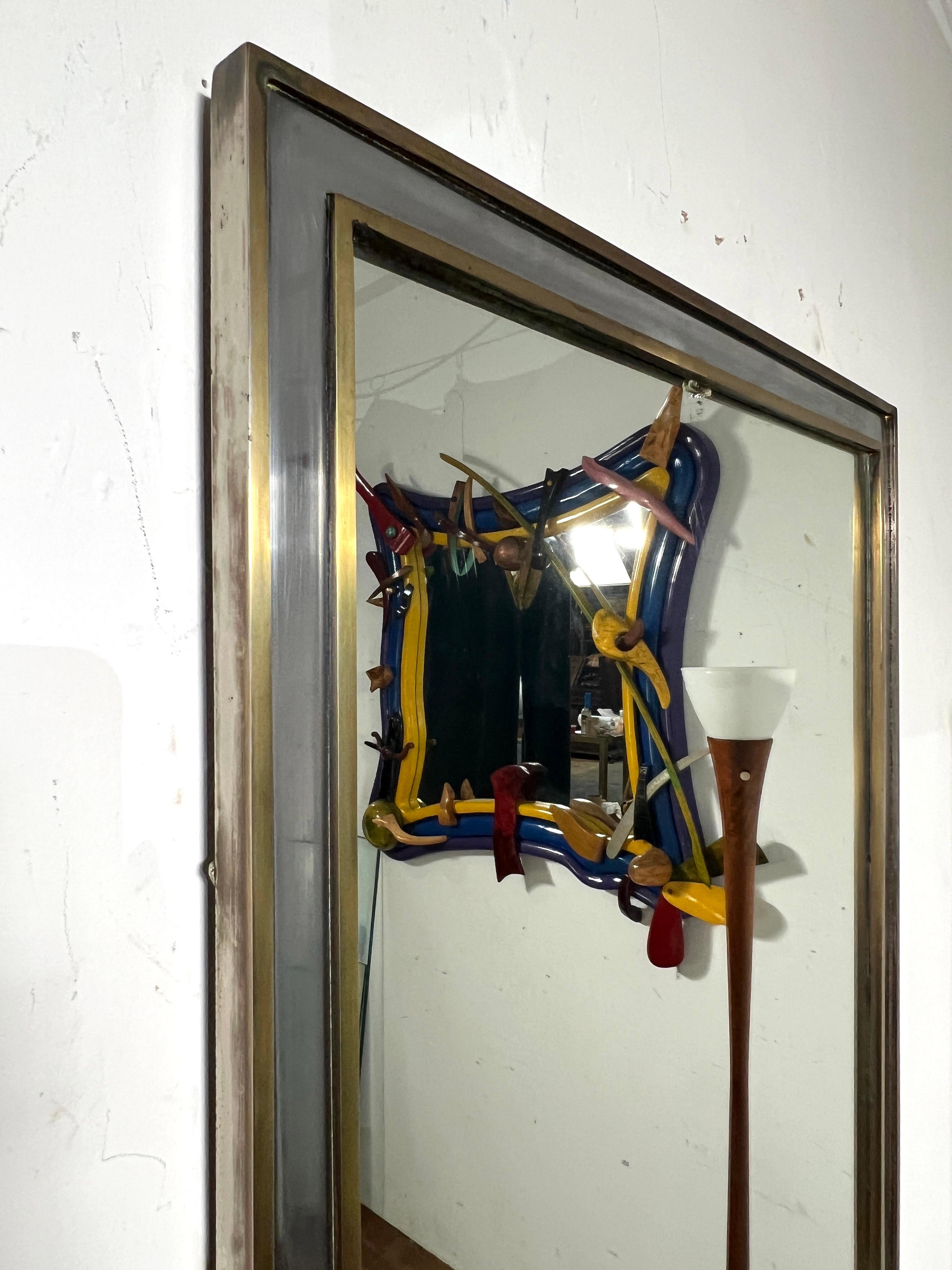 Hollywood Regency Mixed Metals Wall Mirror Attributed to Guy Lefevre for Maison Jansen Circa 1950s in vendita