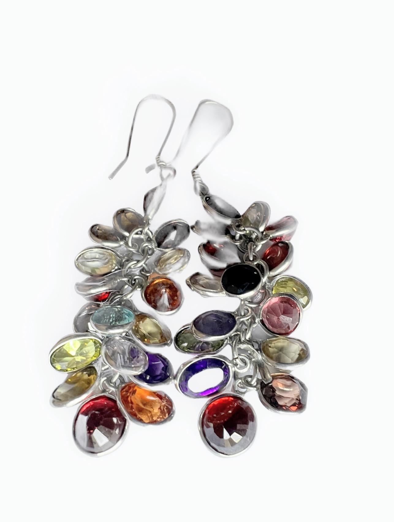 Artist Natural Garnet Amethyst Spinel Mix Gem Cluster Earrings Sterling Silver For Sale