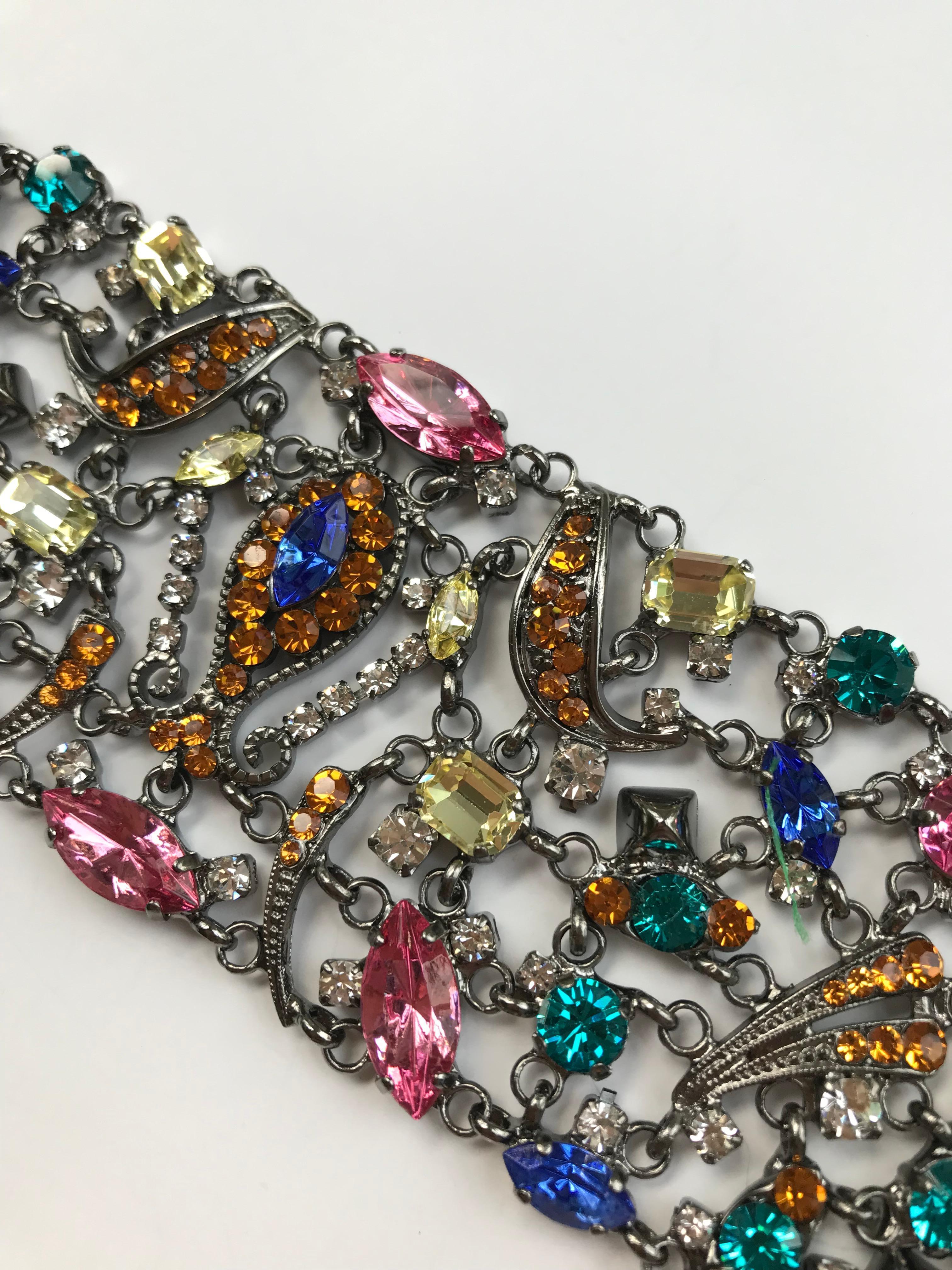 Mixed Cut Mixed Open Work Wide Bracelet With Multi Colored Crystals Fashion Jewelry For Sale