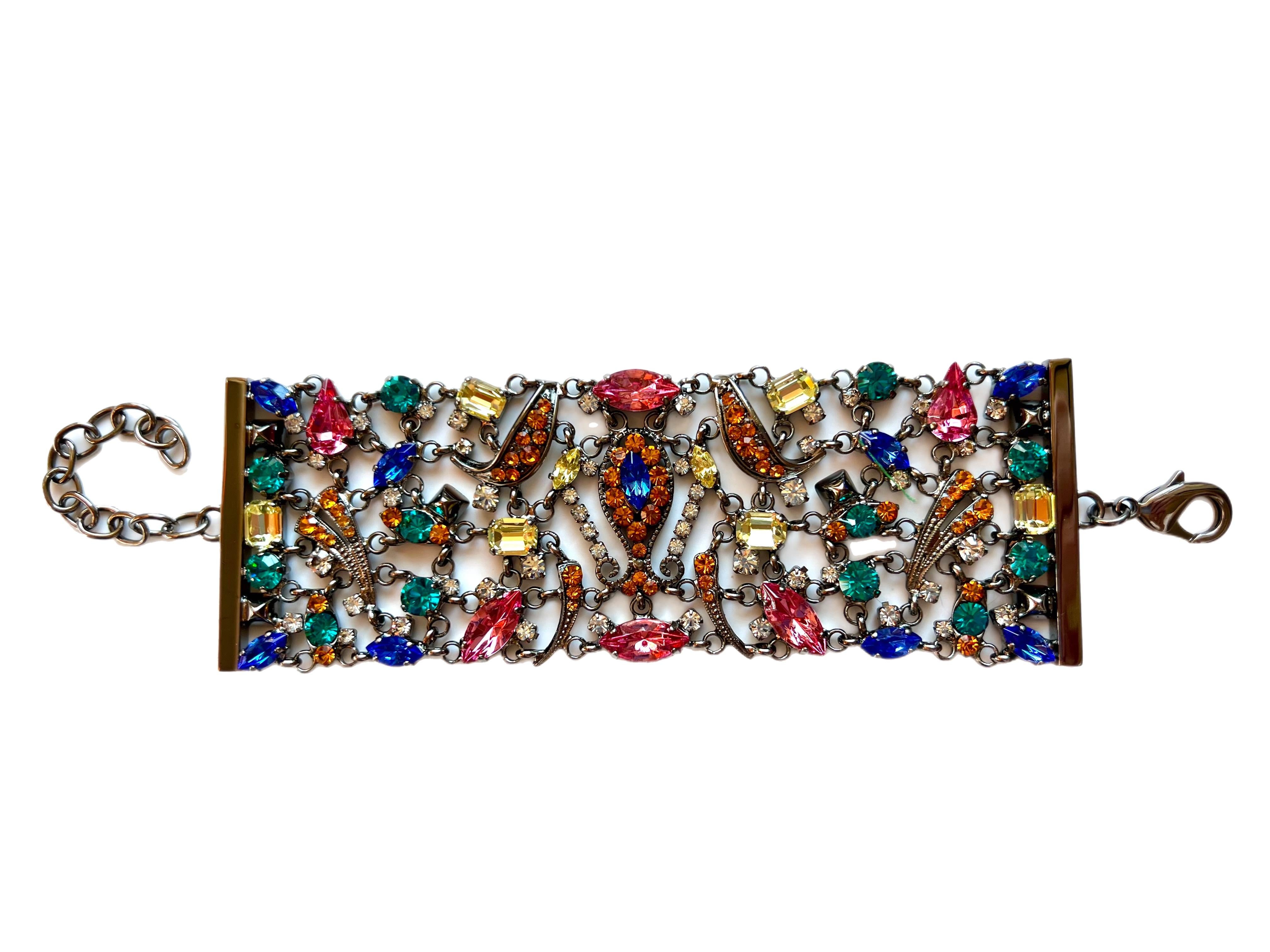 Mixed Open Work Wide Bracelet With Multi Colored Crystals Fashion Jewelry In New Condition For Sale In Greenwich, CT