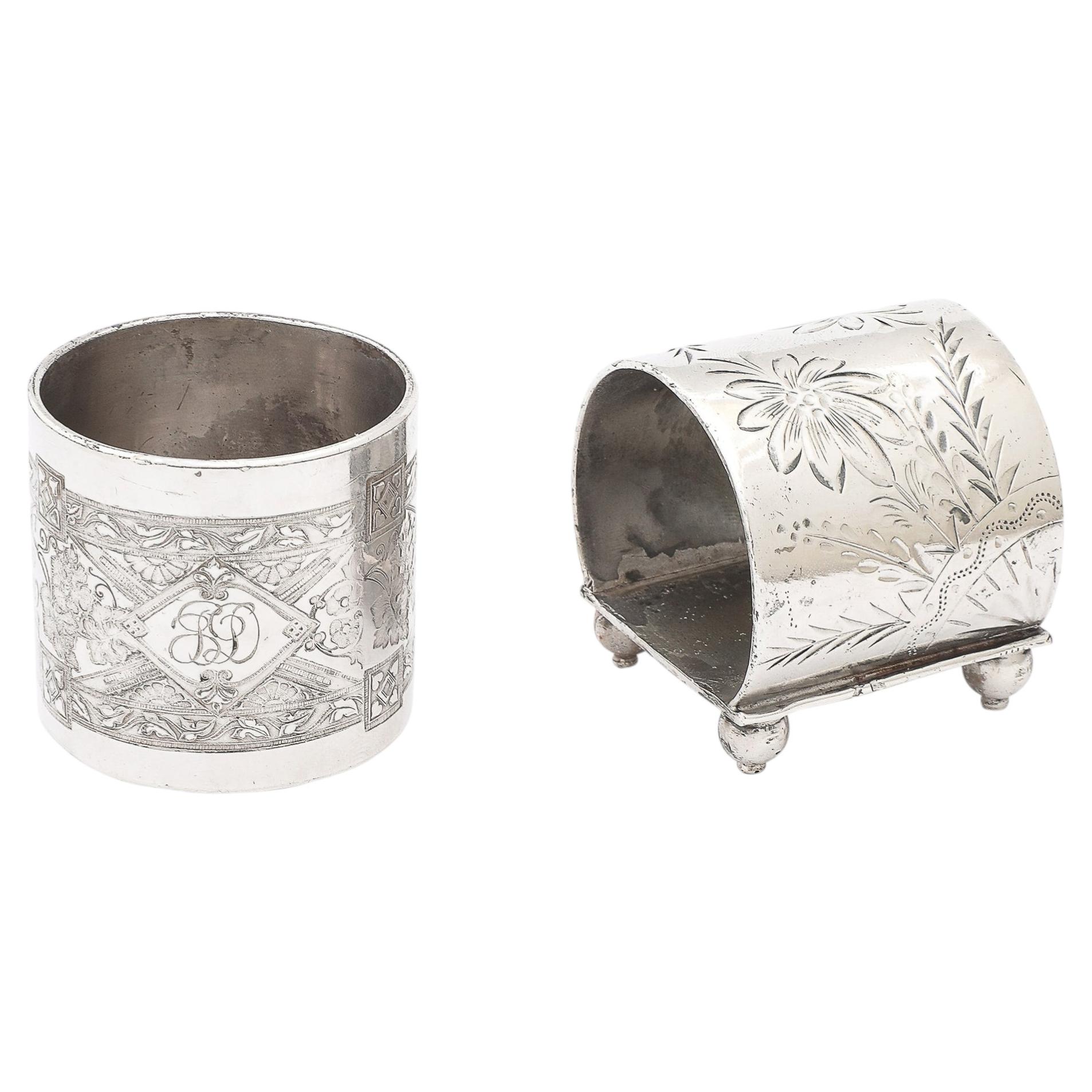 Mixed Pair of Silver Plate Napkin Rings with Chased Detailing For Sale