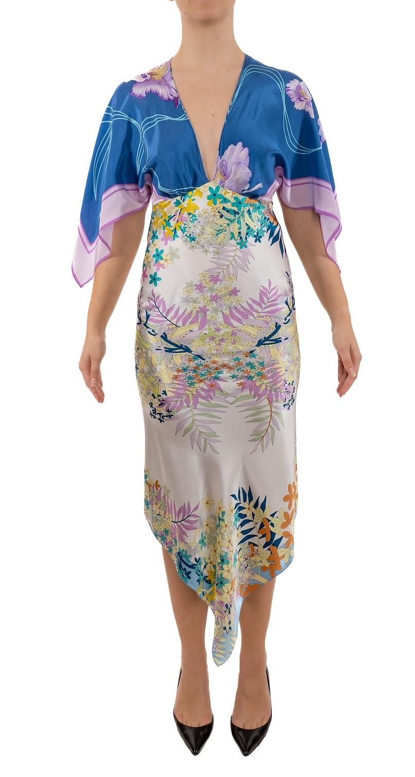 Marrone Vestito a 2 sciarpe in seta blu e colori pastello misti in vendita
