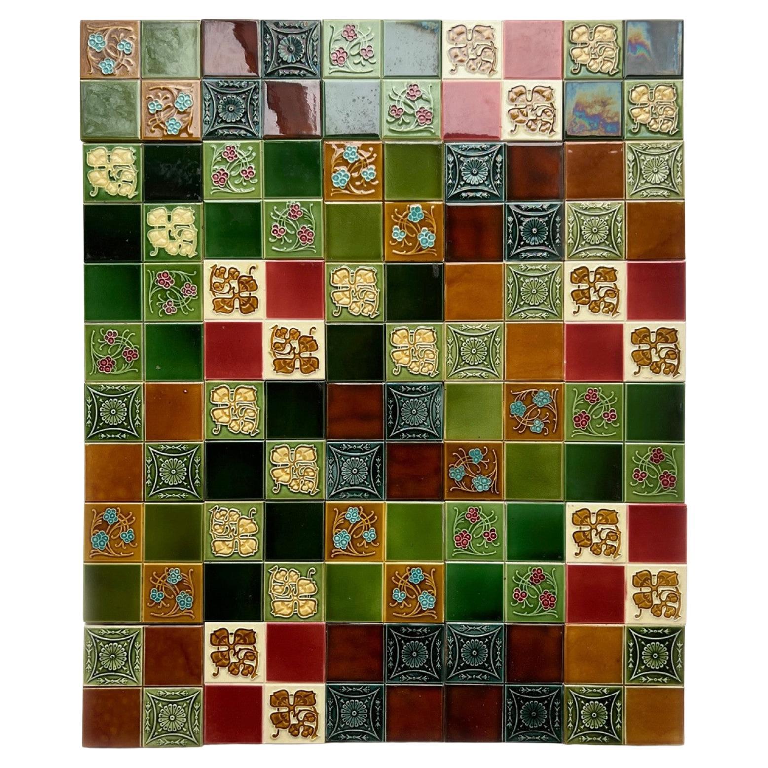 Mixed Relief Antique Panel of 25 Tiles by Gilliot Hemiksem, circa 1920