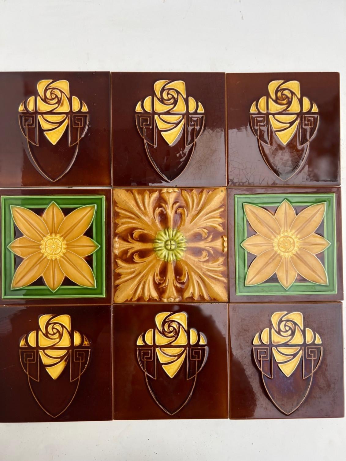 Mixed handmade tiles in rich brown, green and yellow glazed colors. Manufactured around 1920 by Gilliot Hemiksem, Belgium.
These tiles would be charming displayed on easels, framed or incorporated into a custom tile design.

Please note that the