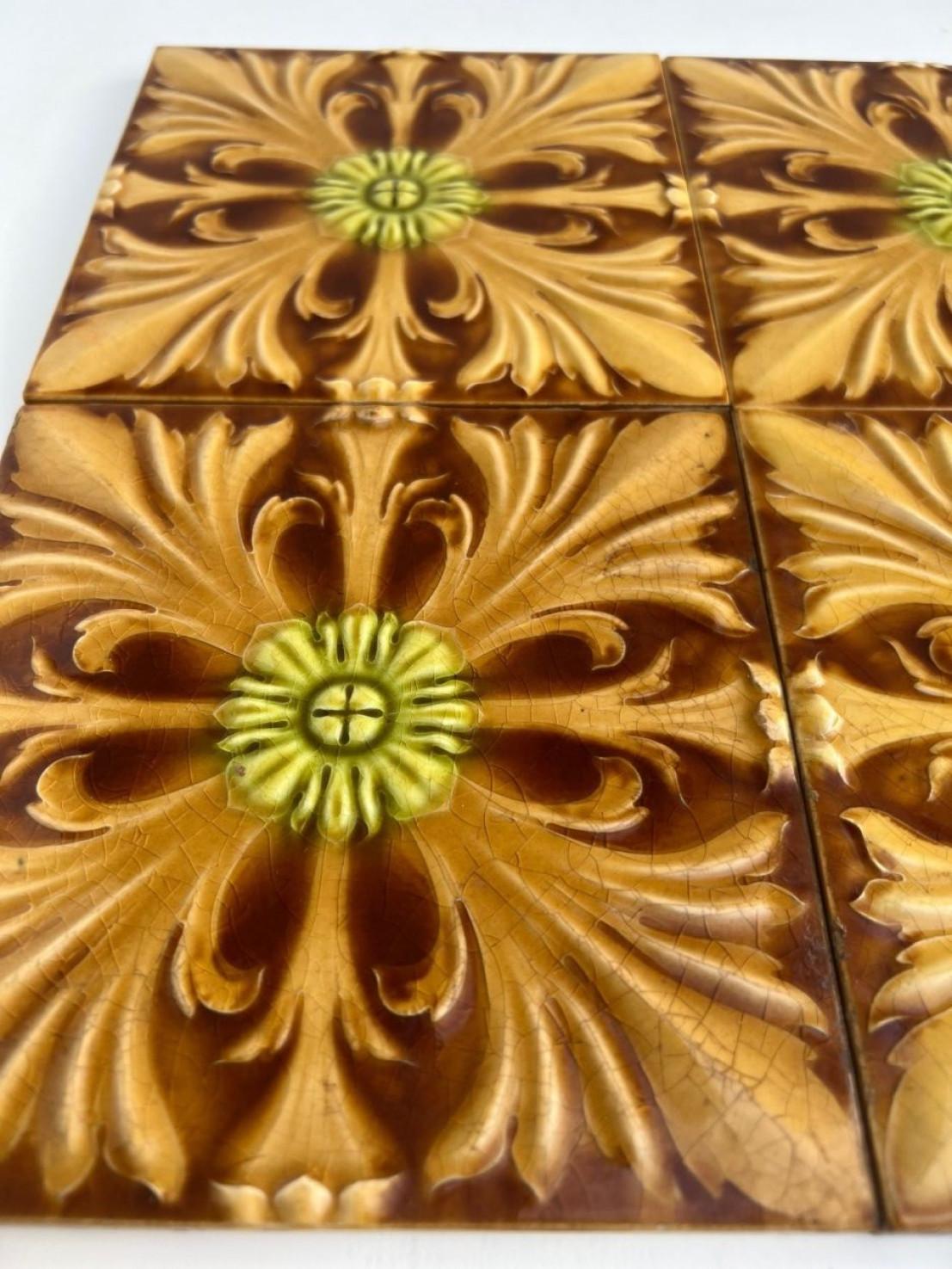 Mixed handmade tiles in rich brown, green and yellow glazed colors. Manufactured around 1920 by Gilliot Hemiksem, Belgium.
These tiles would be charming displayed on easels, framed or incorporated into a custom tile design.

Please note that the
