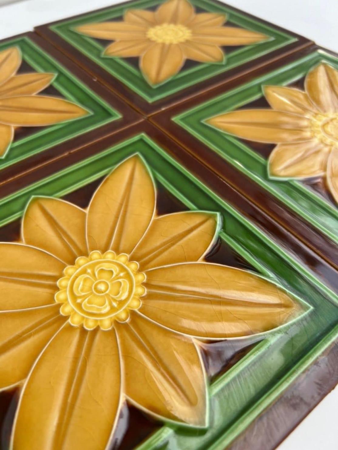 Glazed Mixed Relief Art Deco Tiles by Gilliot Hemiksem, circa 1920 For Sale