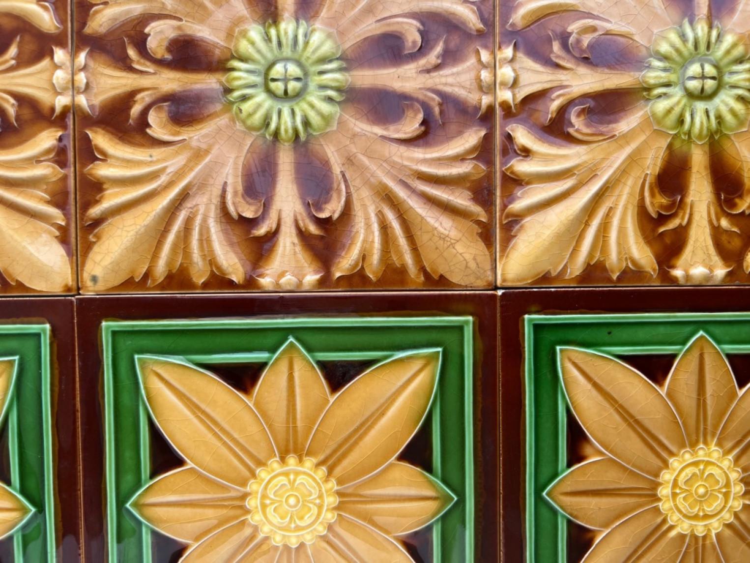 Early 20th Century Mixed Relief Art Deco Tiles by Gilliot Hemiksem, circa 1920 For Sale