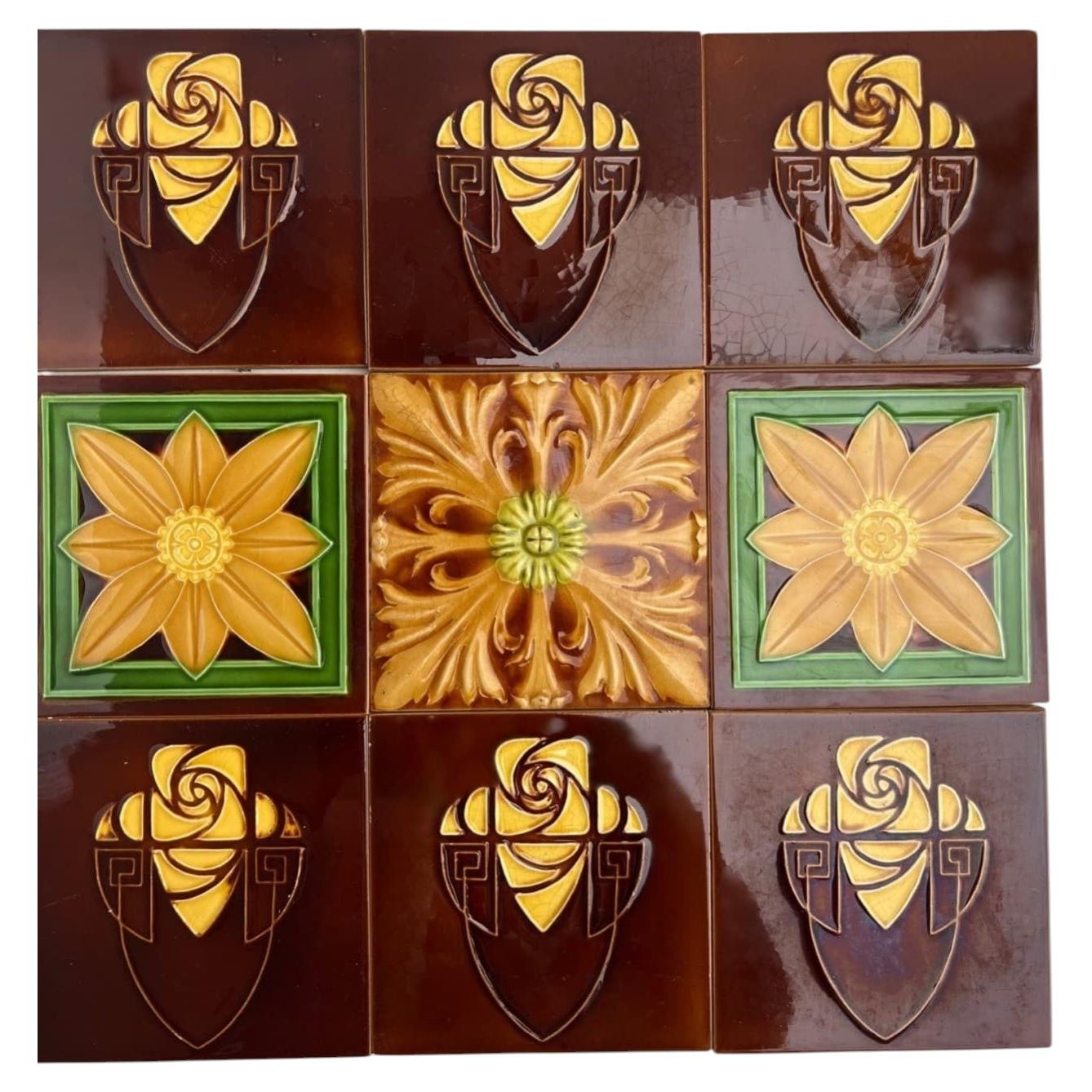 Mixed Relief Art Deco Tiles by Gilliot Hemiksem, circa 1920 For Sale