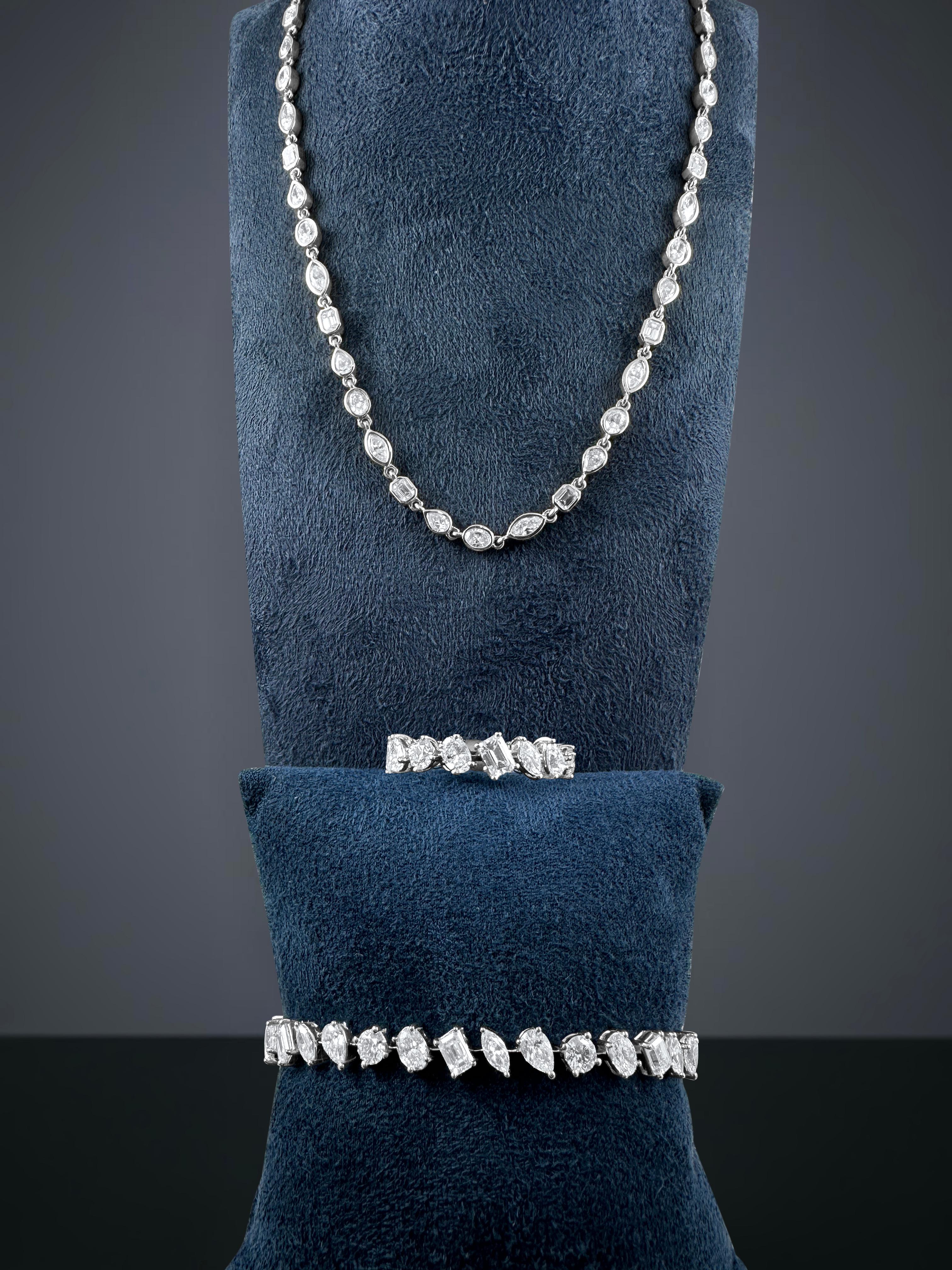 Mixed Cut Mixed Shape Diamond Tennis Bracelet in 14K White Gold, 6.75 Carats For Sale