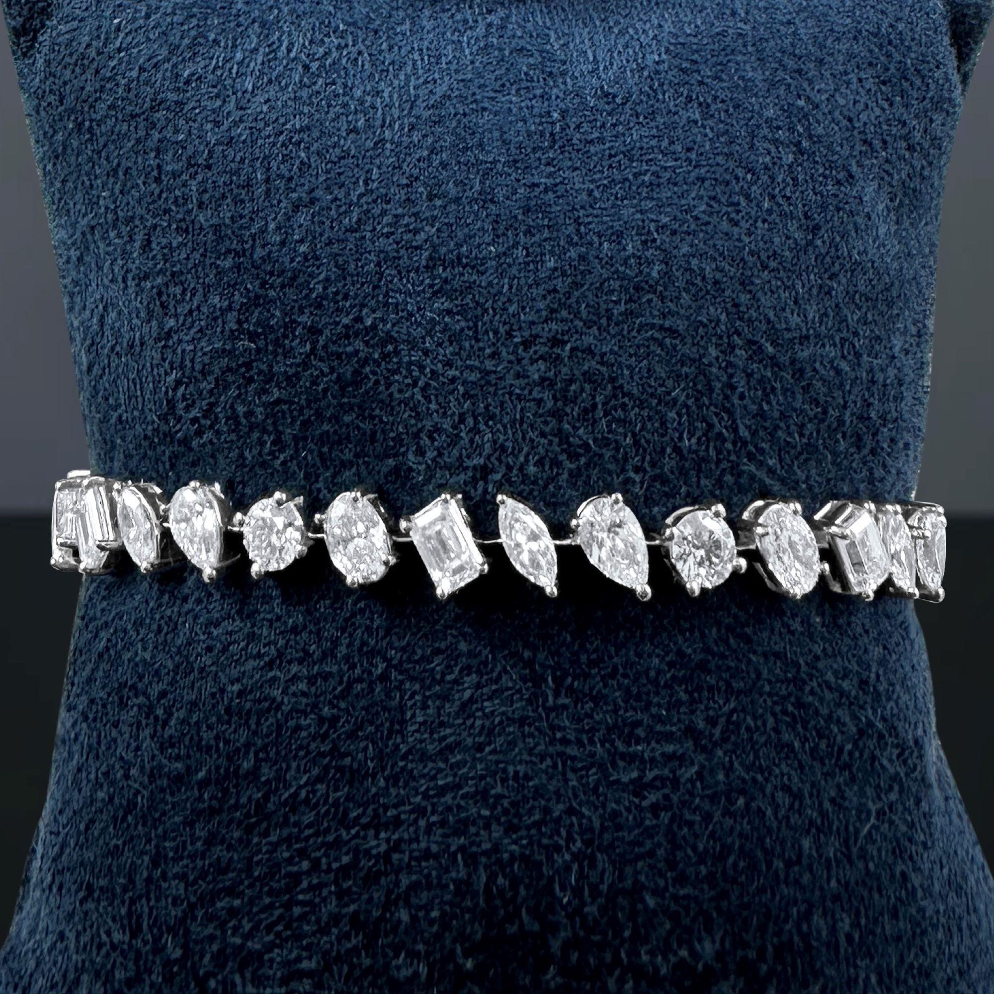 Women's or Men's Mixed Shape Diamond Tennis Bracelet in 14K White Gold, 6.75 Carats For Sale