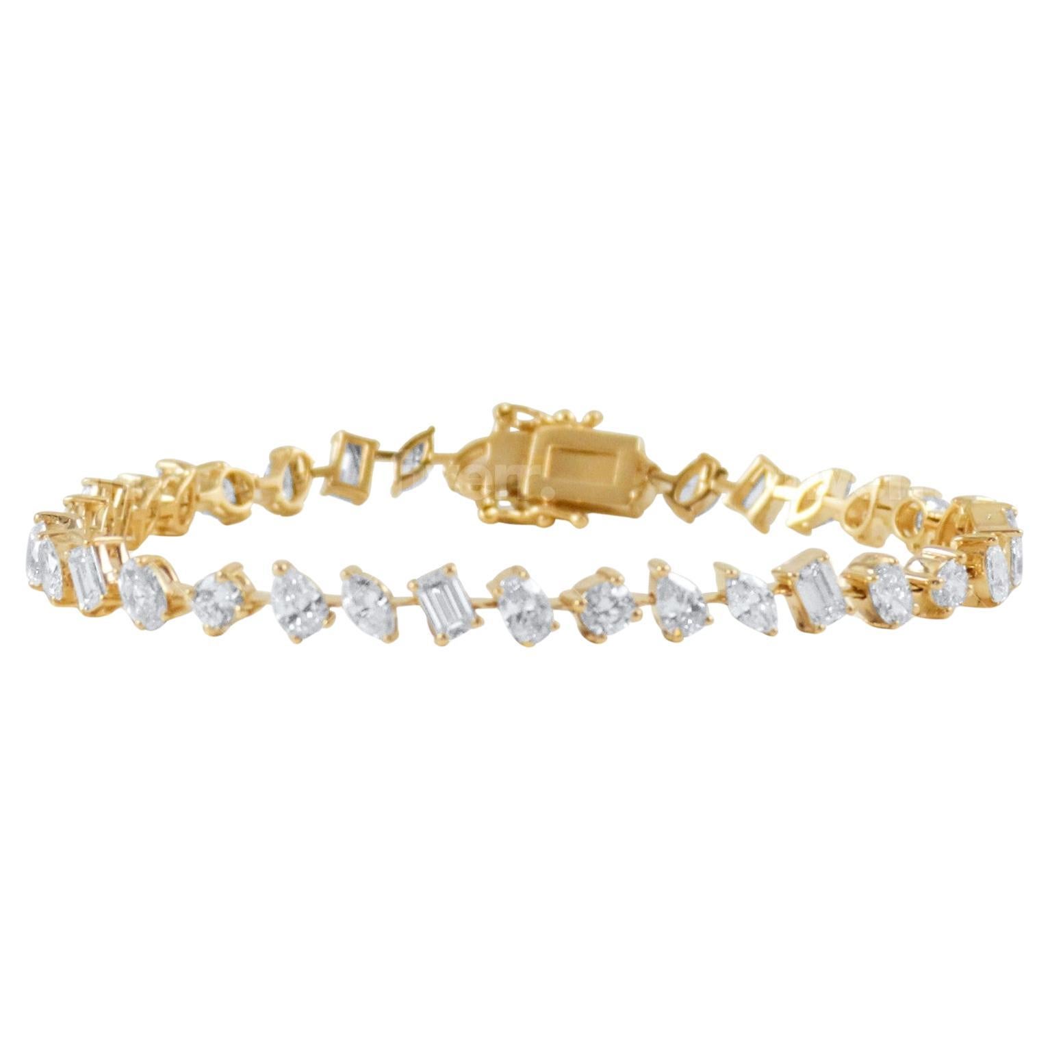 Bracelet de tennis en or jaune 14K avec diamants de formes variées, 6,75 carats