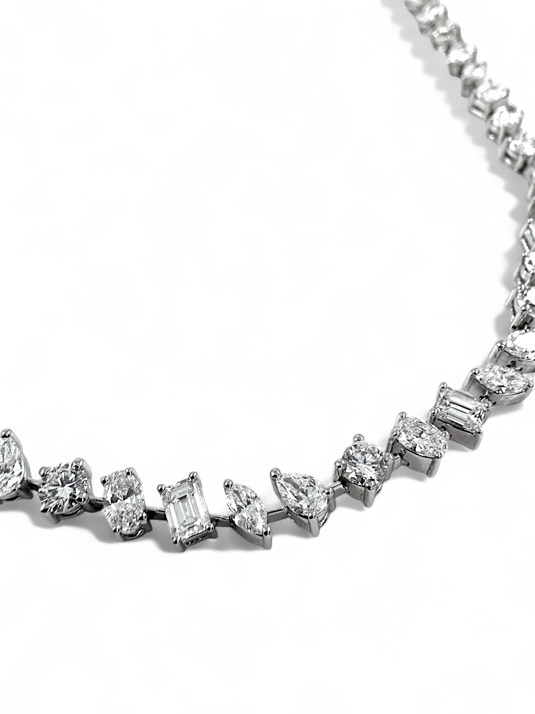 Una rivisitazione moderna di un classico senza tempo: questa collana tennis con diamanti di forma mista presenta un'elegante miscela di diamanti taglio smeraldo, ovale, pera, marquise e tondo brillante, per una silhouette dinamica e accattivante. Il