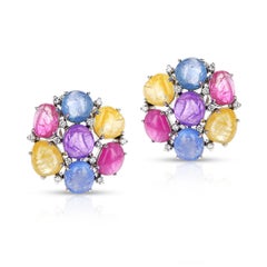 Cocktail-Ohrringe in gemischter Form aus mehrfarbigem Sapphire-Cabochon und Diamant, 18 Karat Weiß