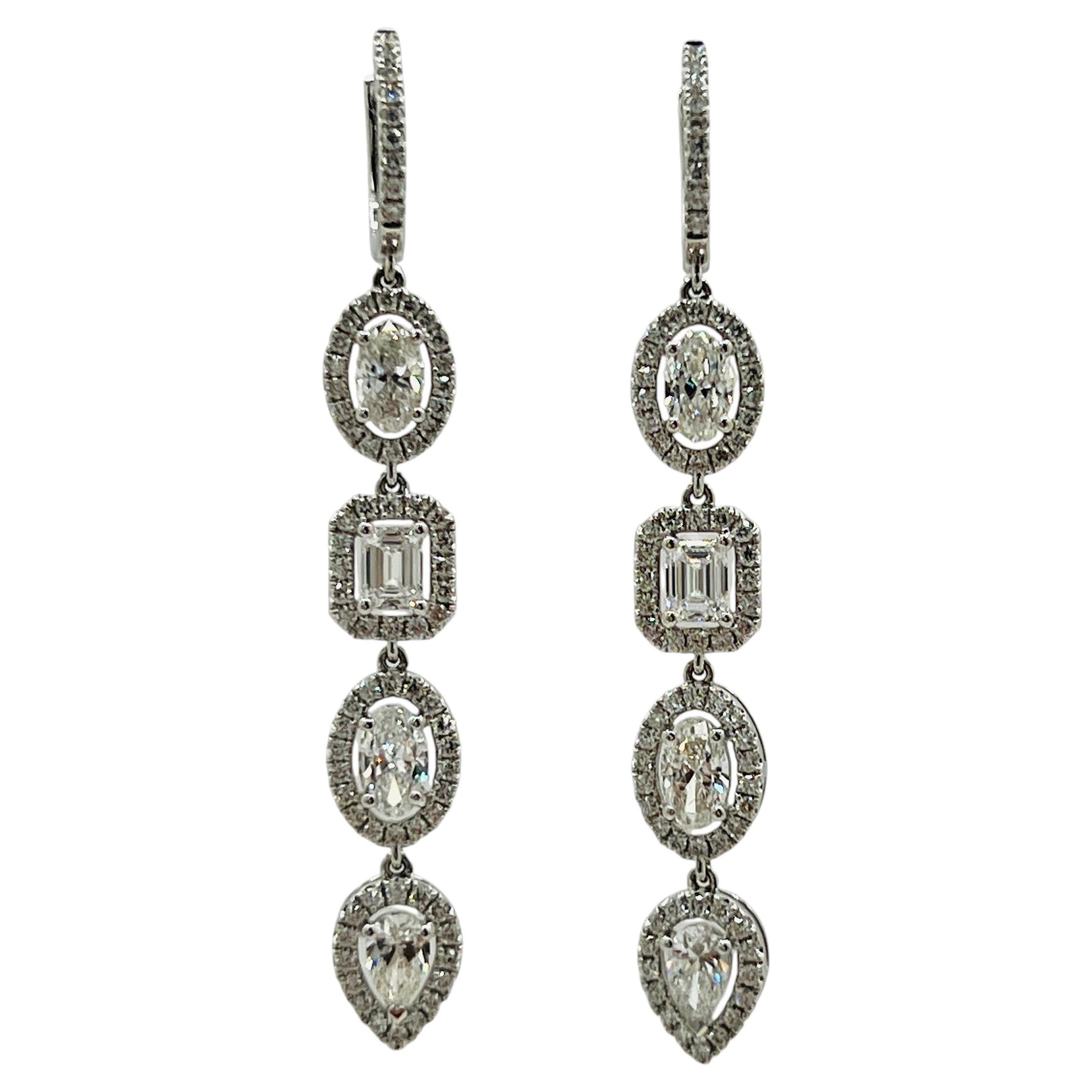 Mixed Shape White Diamond Dangle Earrings in 18K White Gold