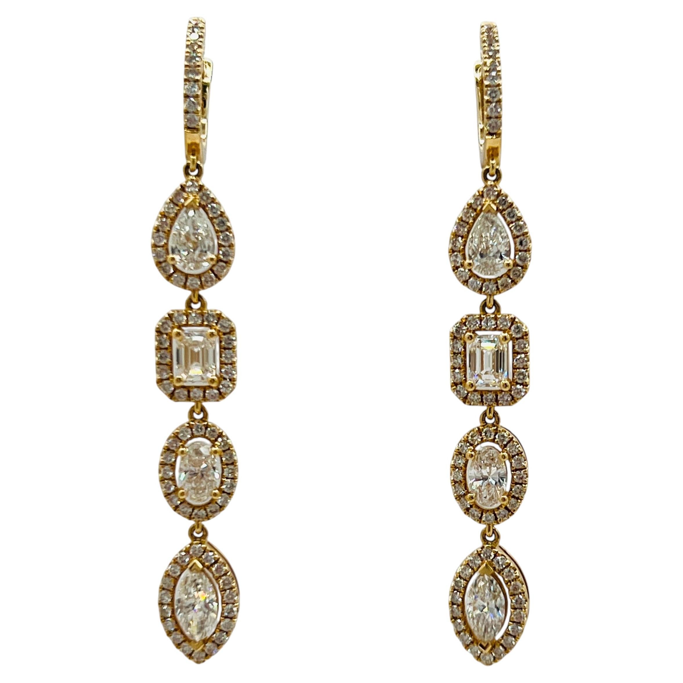 Mixed Shape White Diamond Dangle Earrings in 18K Yellow Gold