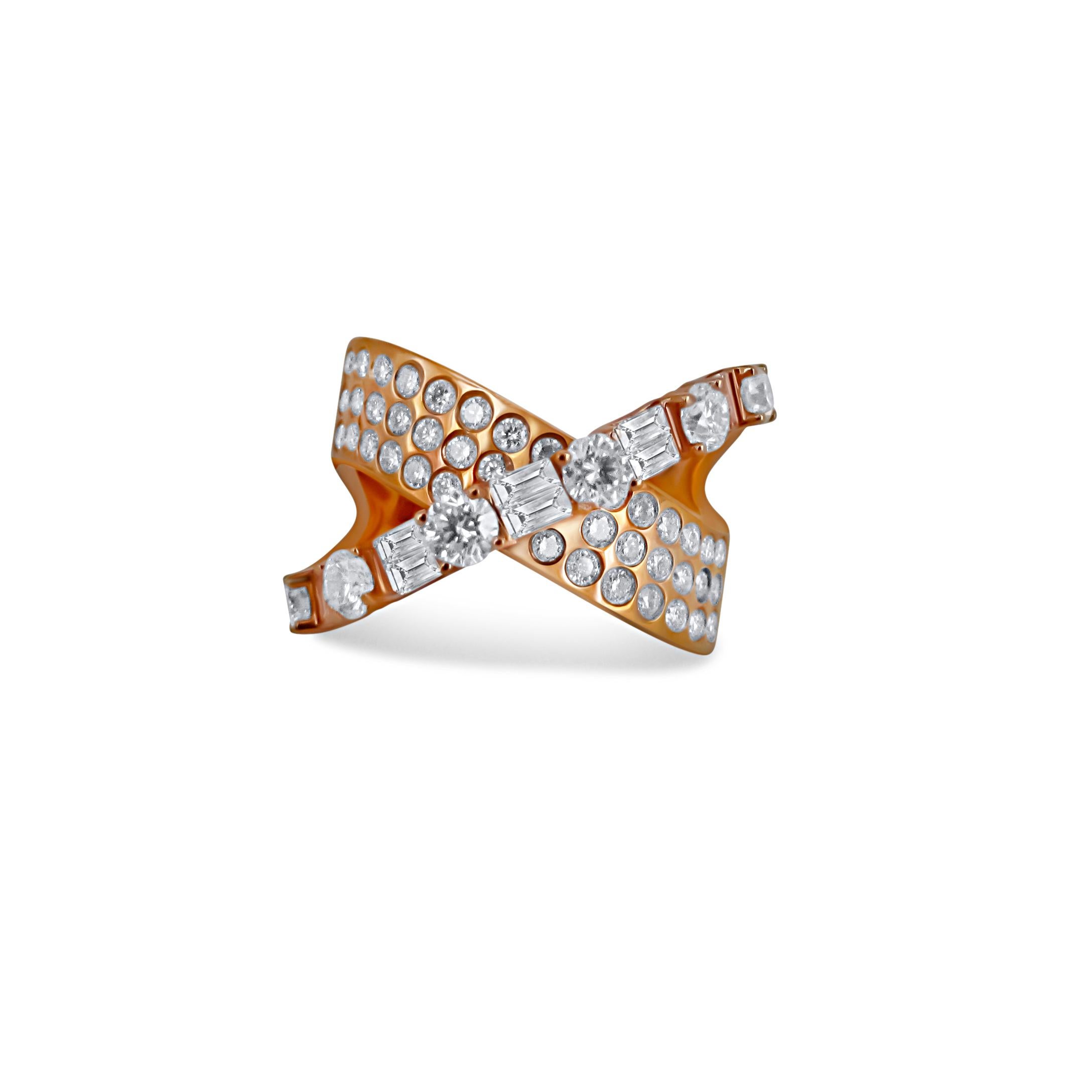 Tapered Baguette Mixed Shaped Diamonds in Criss Cross Wave Bands - Rose Gold Cocktail Ring For Sale