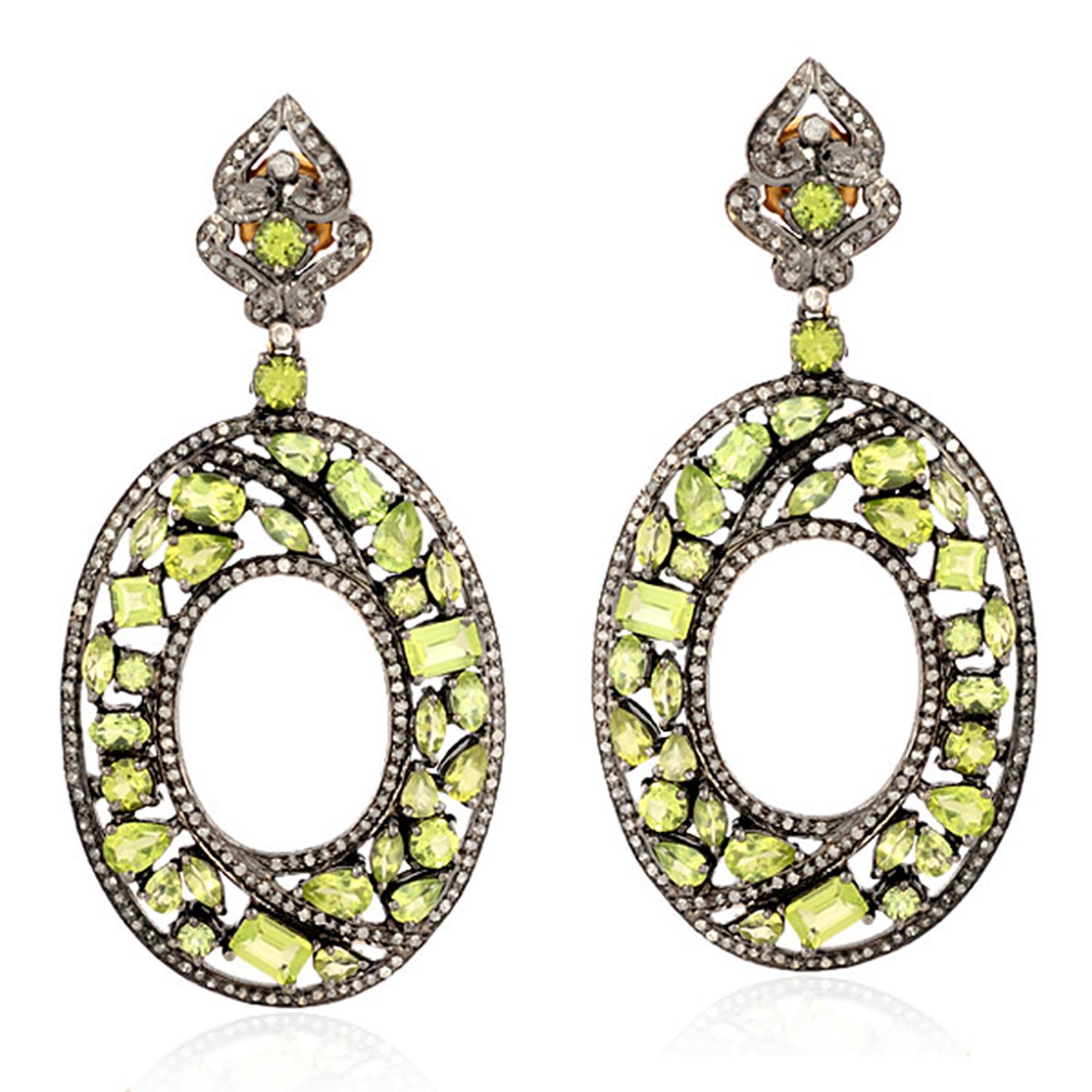 Contemporary Mixed Shaped Peridot Earrings with Diamonds Made in 18k Yellow Gold & Silver For Sale
