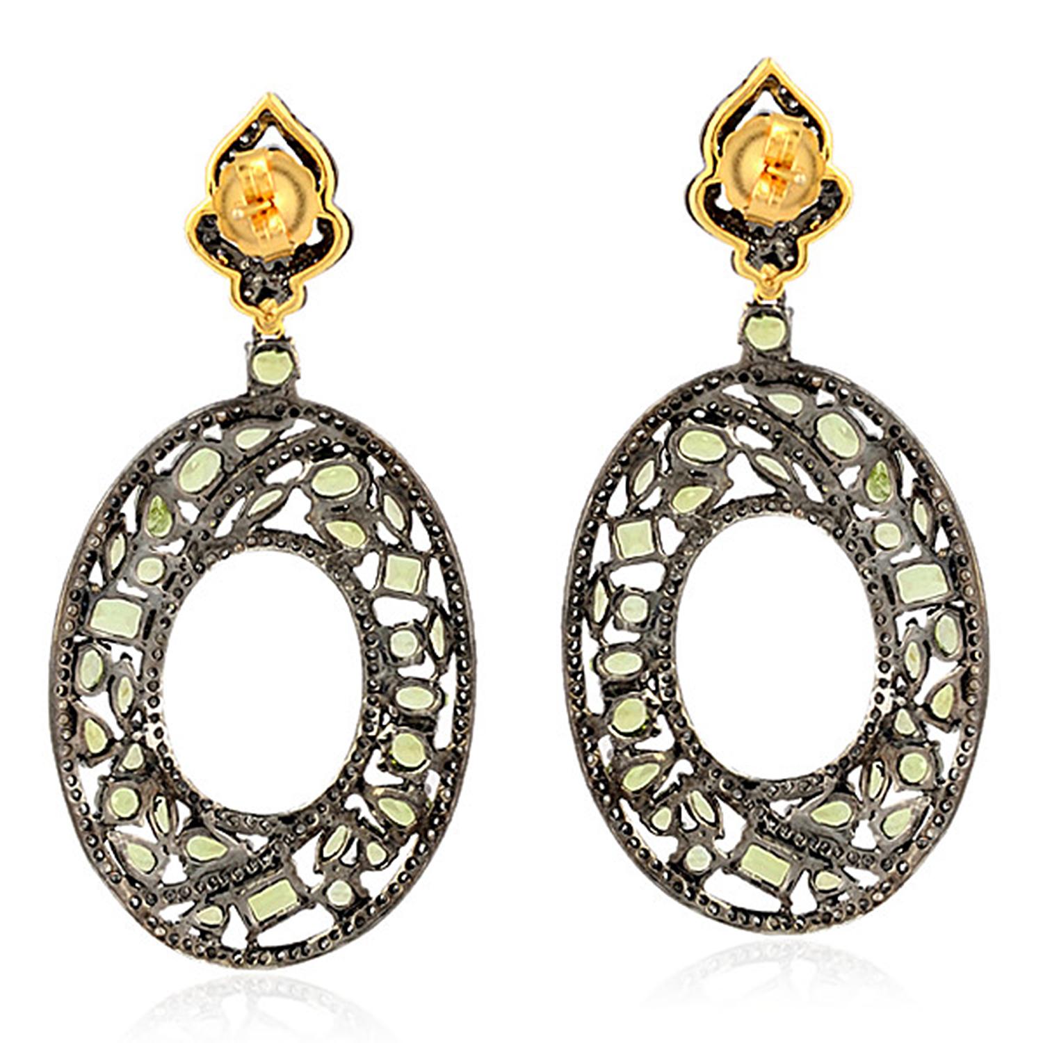 Mixed Cut Mixed Shaped Peridot Earrings with Diamonds Made in 18k Yellow Gold & Silver For Sale