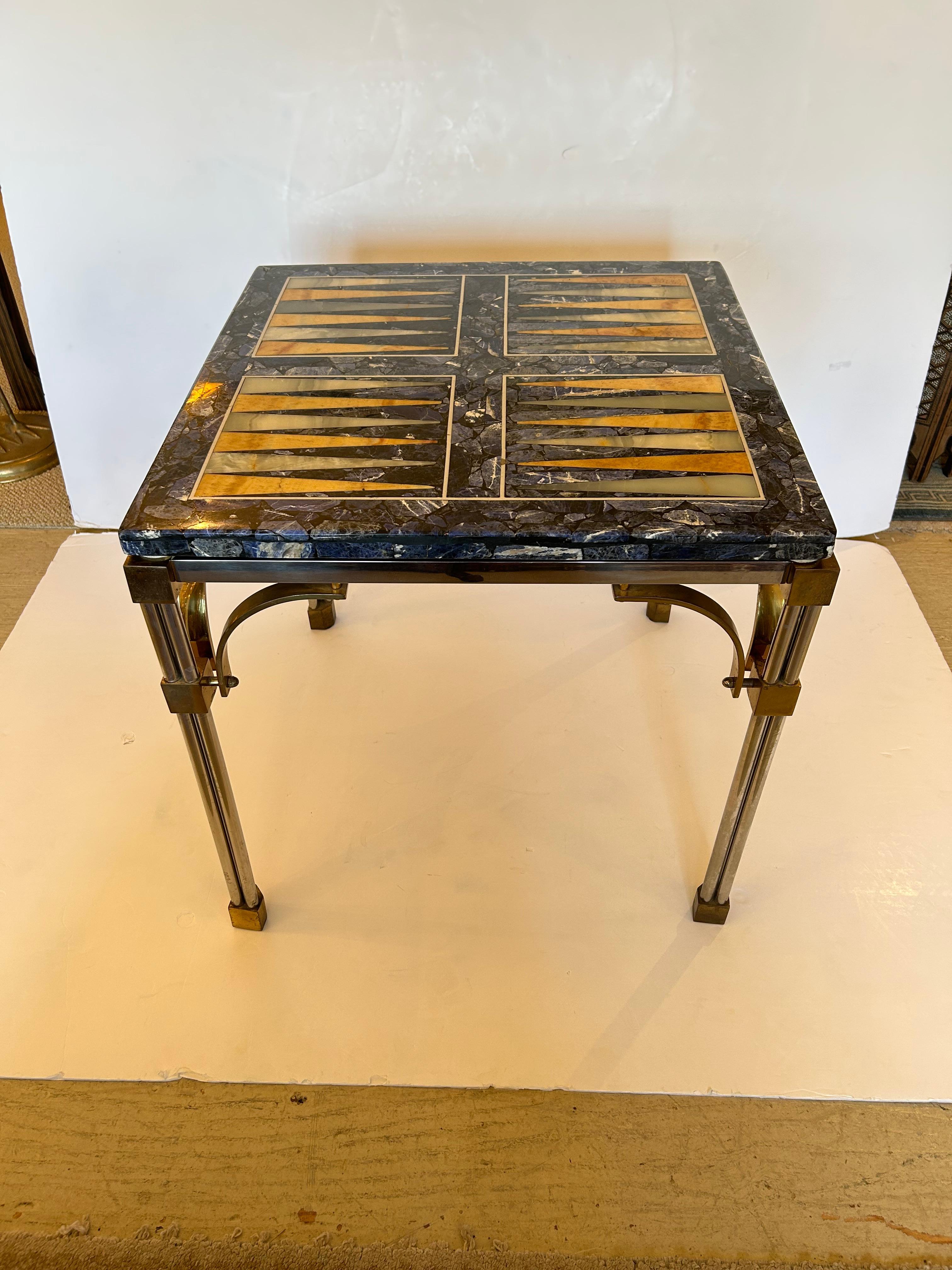 Mesa Auxiliar para Juego de Backgammon con Incrustaciones de Piedra Mixta sobre Base de Latón y Cromo en venta 3
