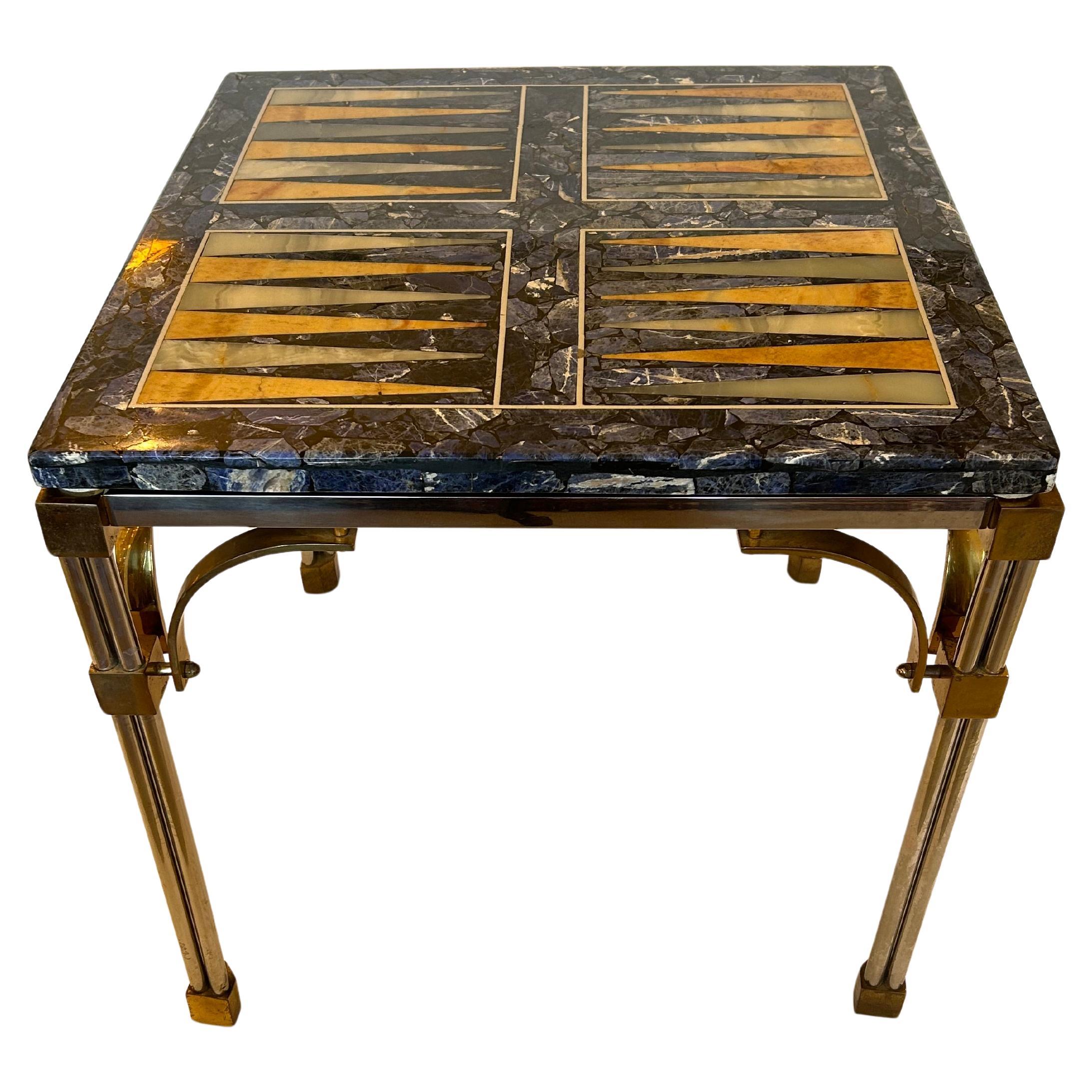Mesa Auxiliar para Juego de Backgammon con Incrustaciones de Piedra Mixta sobre Base de Latón y Cromo en venta