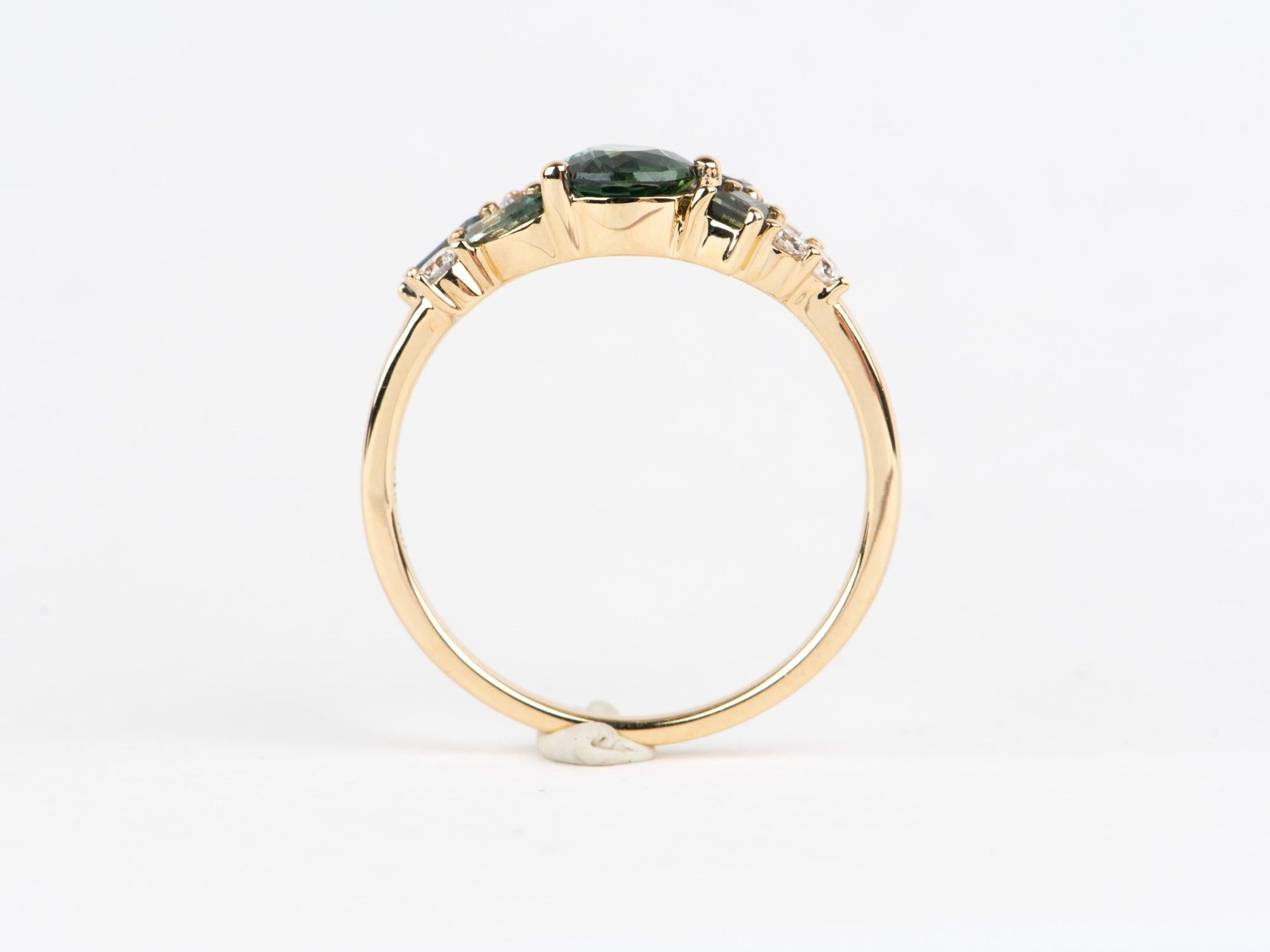 Mixed Teal Saphir und Diamant Cluster-Ring 14K Gold R6768 (Ungeschliffen) im Angebot