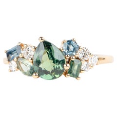 Anillo Racimo Mixto Zafiro Teal y Diamante Oro 14K R6768