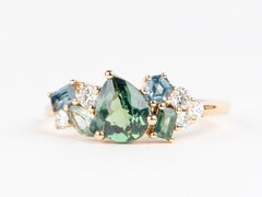 Mixed Teal Sapphire and Diamond Cluster Ring 14K Gold R6768