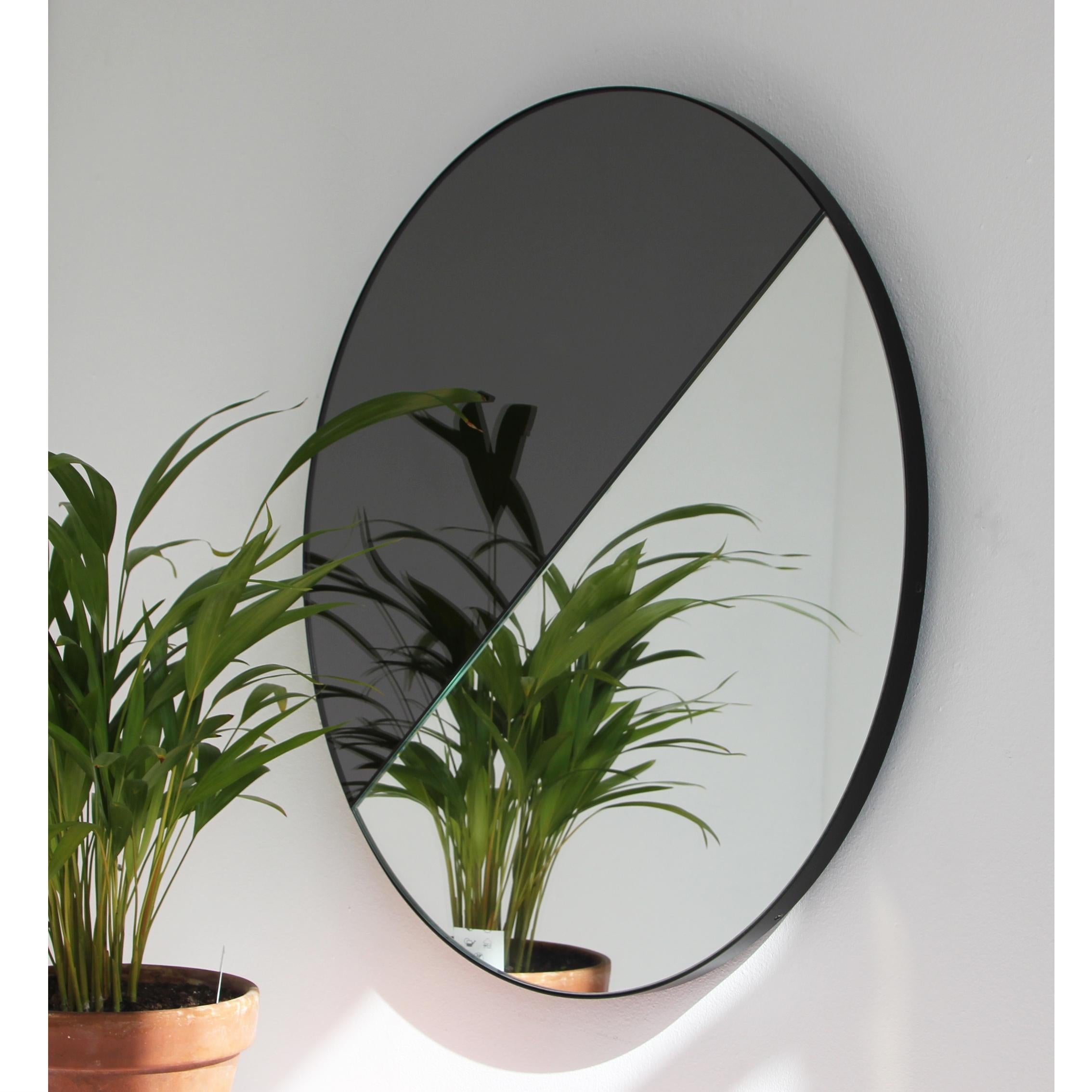 Powder-Coated Orbis Dualis Mixed Tint Contemporary Round Mirror with Black Frame, Large For Sale