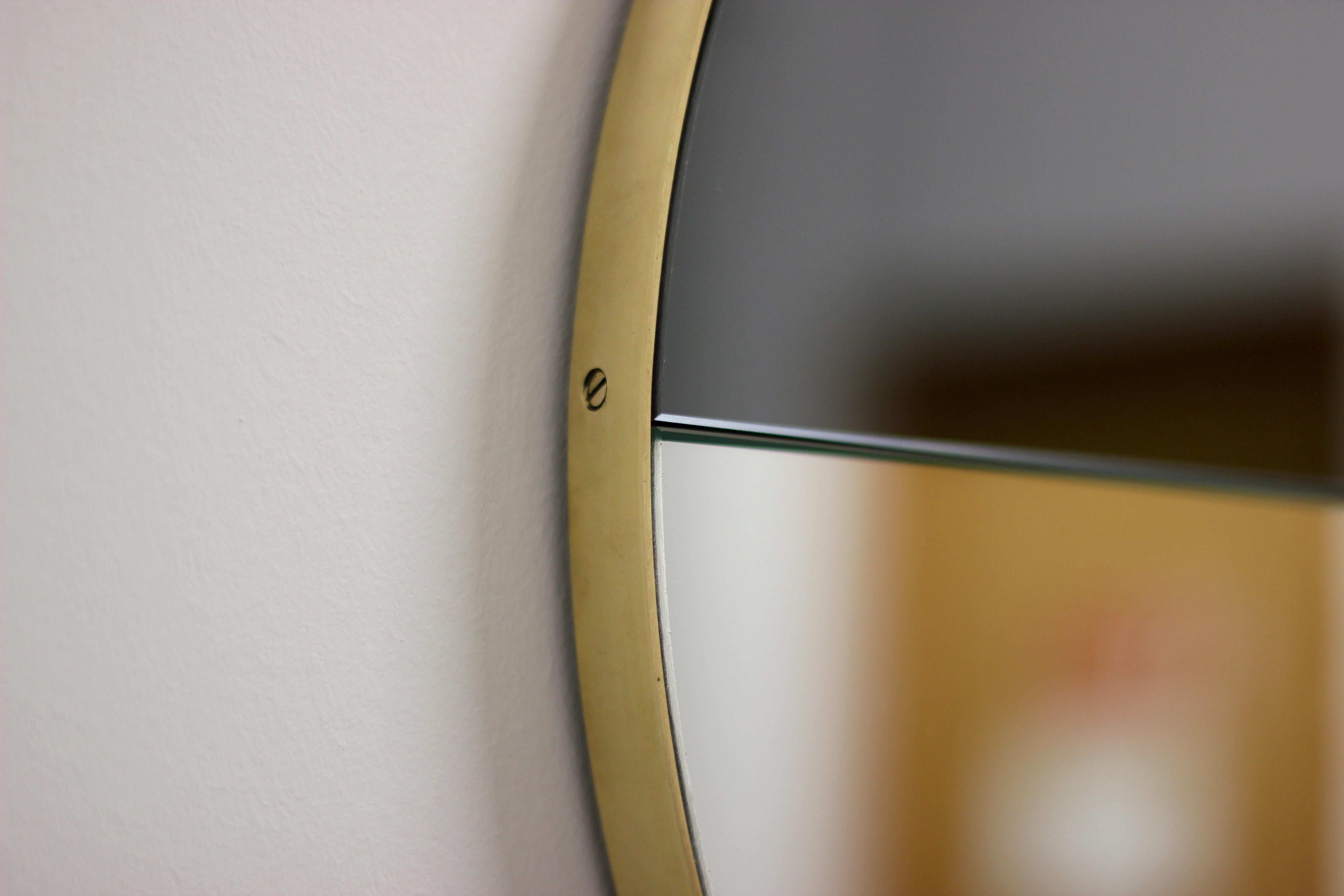 Brushed Orbis Dualis Mixed Tint Contemporary Round Mirror with Brass Frame, XL