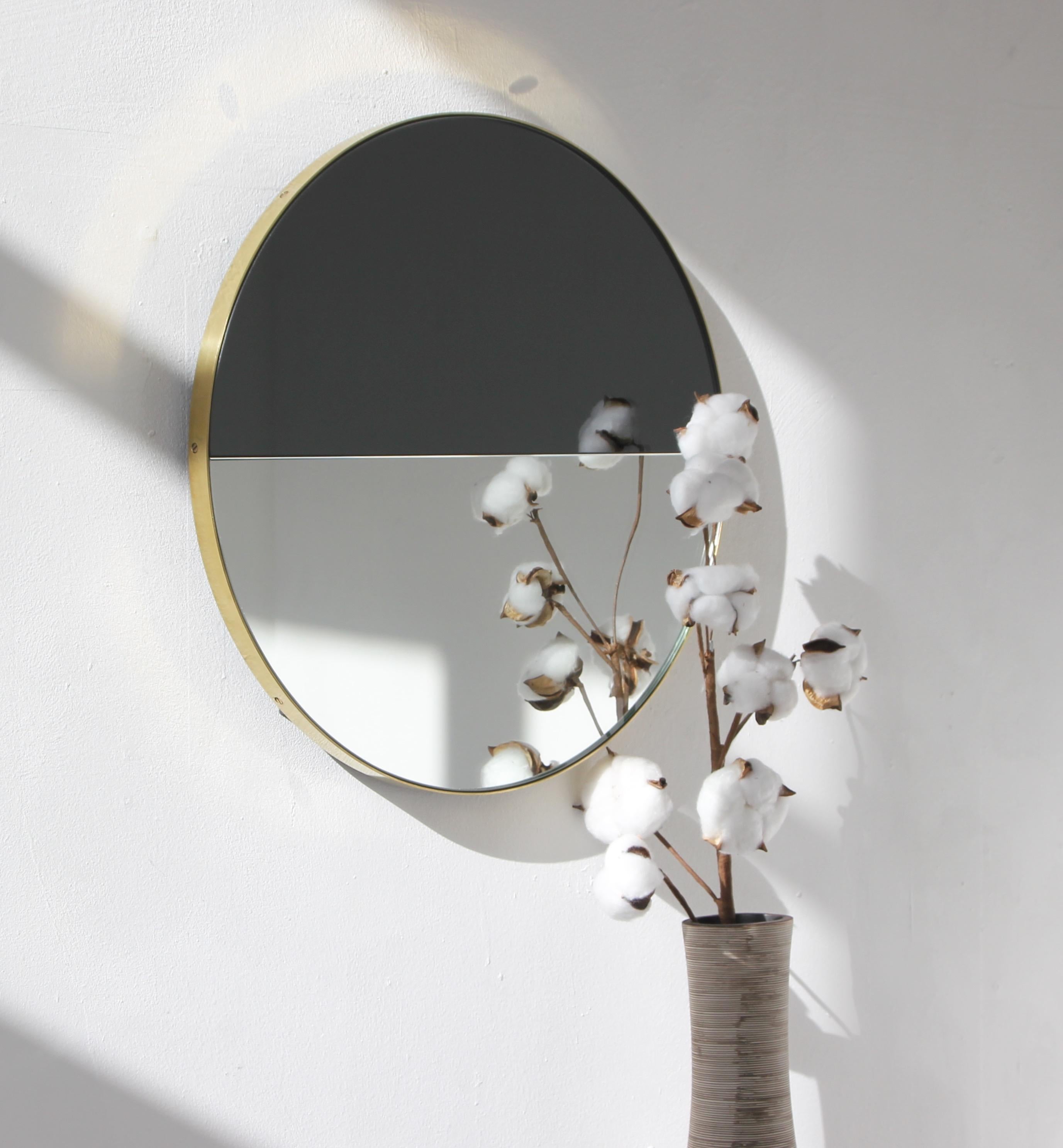 Modern Orbis Dualis Mixed Tint Contemporary Round Mirror with Brass Frame, Regular For Sale