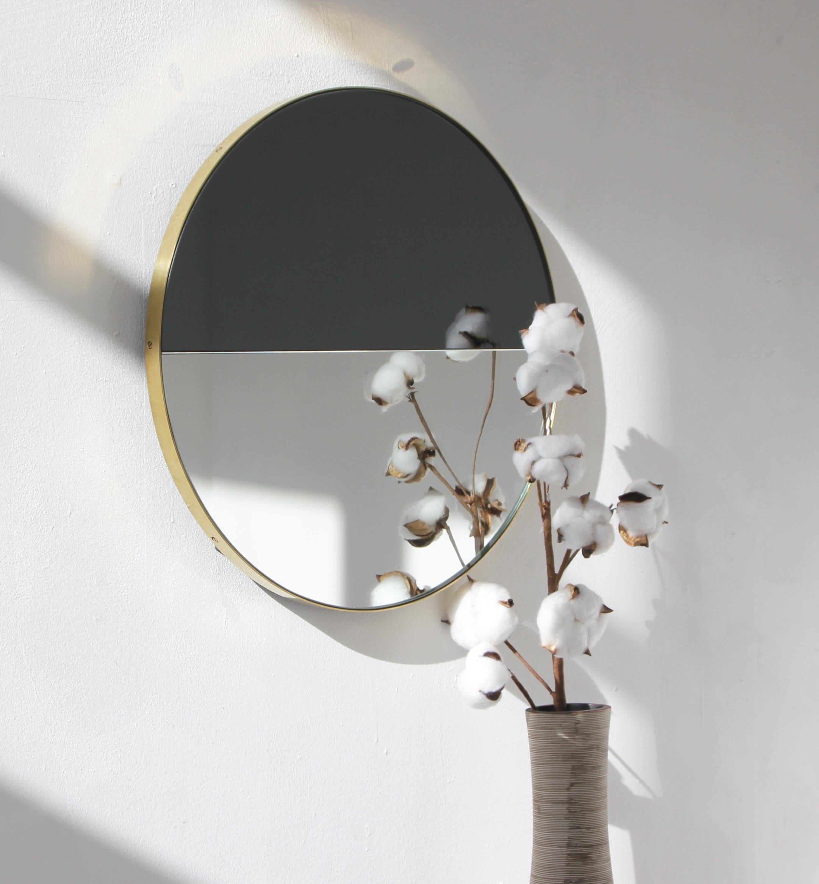 Modern Orbis Dualis Mixed Tint Contemporary Round Mirror with Brass Frame, Regular