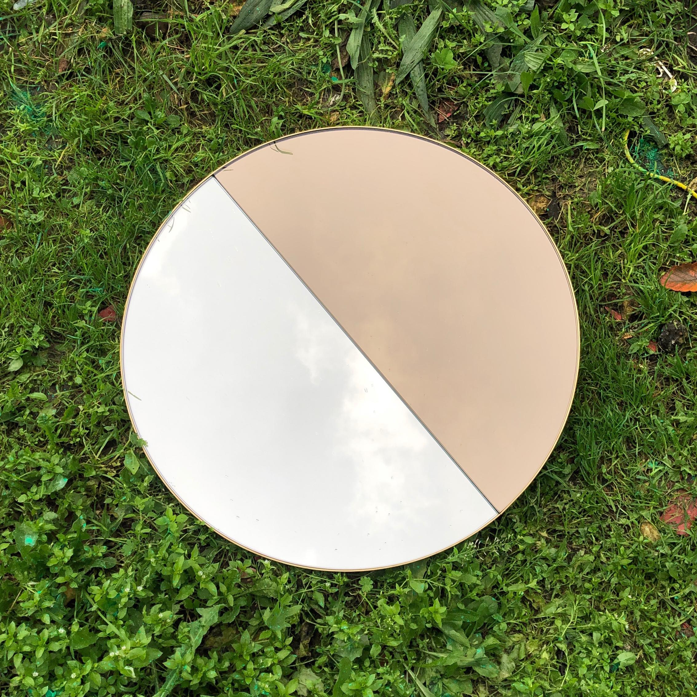 Contemporary Orbis Dualis Mixed Tinted Silver and Bronze Round Mirror with Brass Frame, XL For Sale