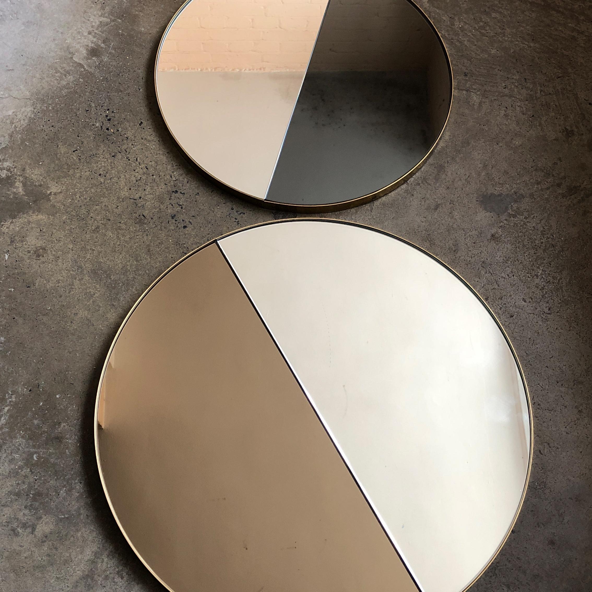 Orbis Dualis Mixed Tinted Silver and Bronze Round Mirror with Brass Frame, XL For Sale 2