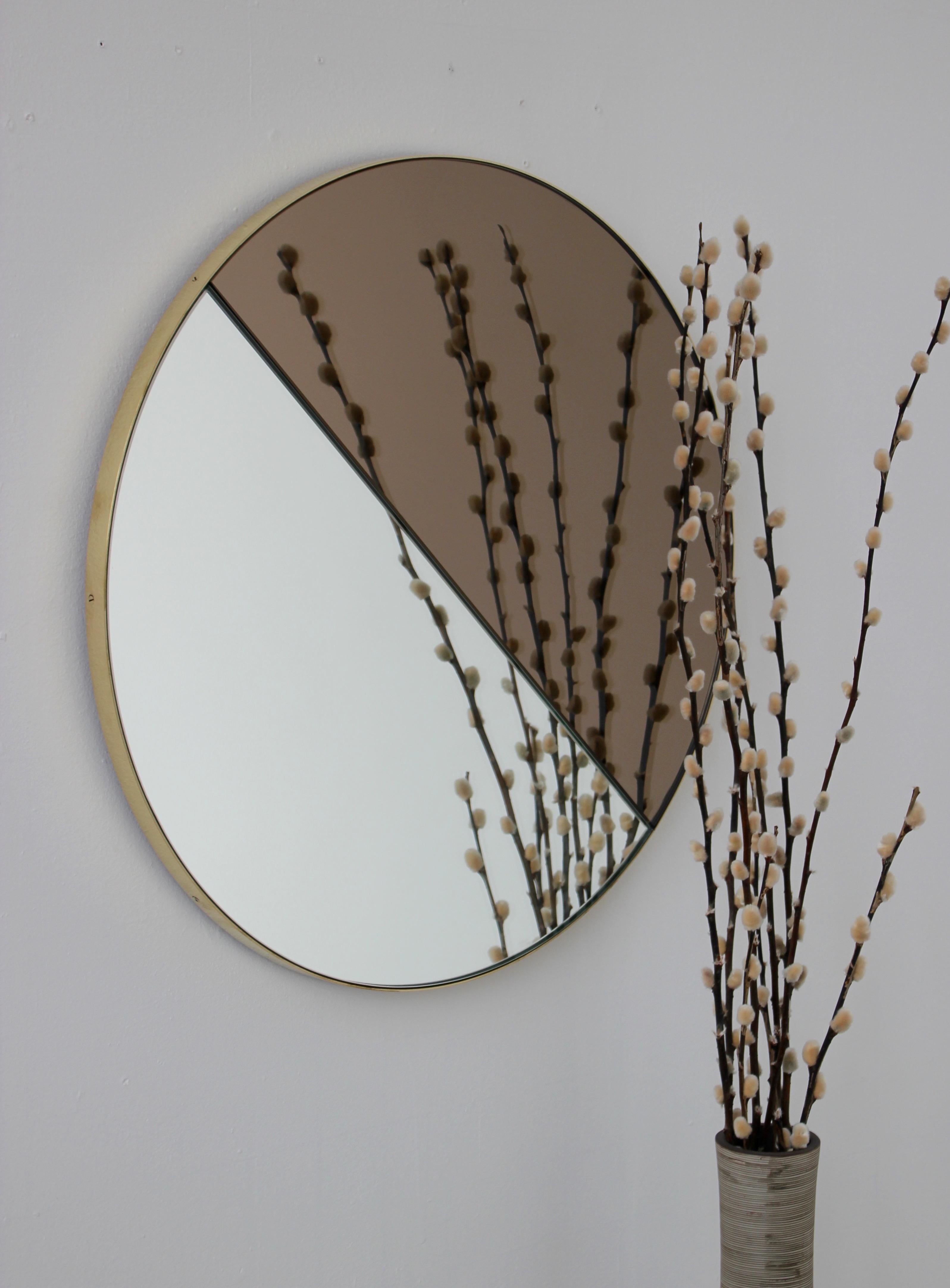 Brushed Orbis Dualis Mixed Silver + Bronze Round Mirror with Brass Frame, Medium For Sale