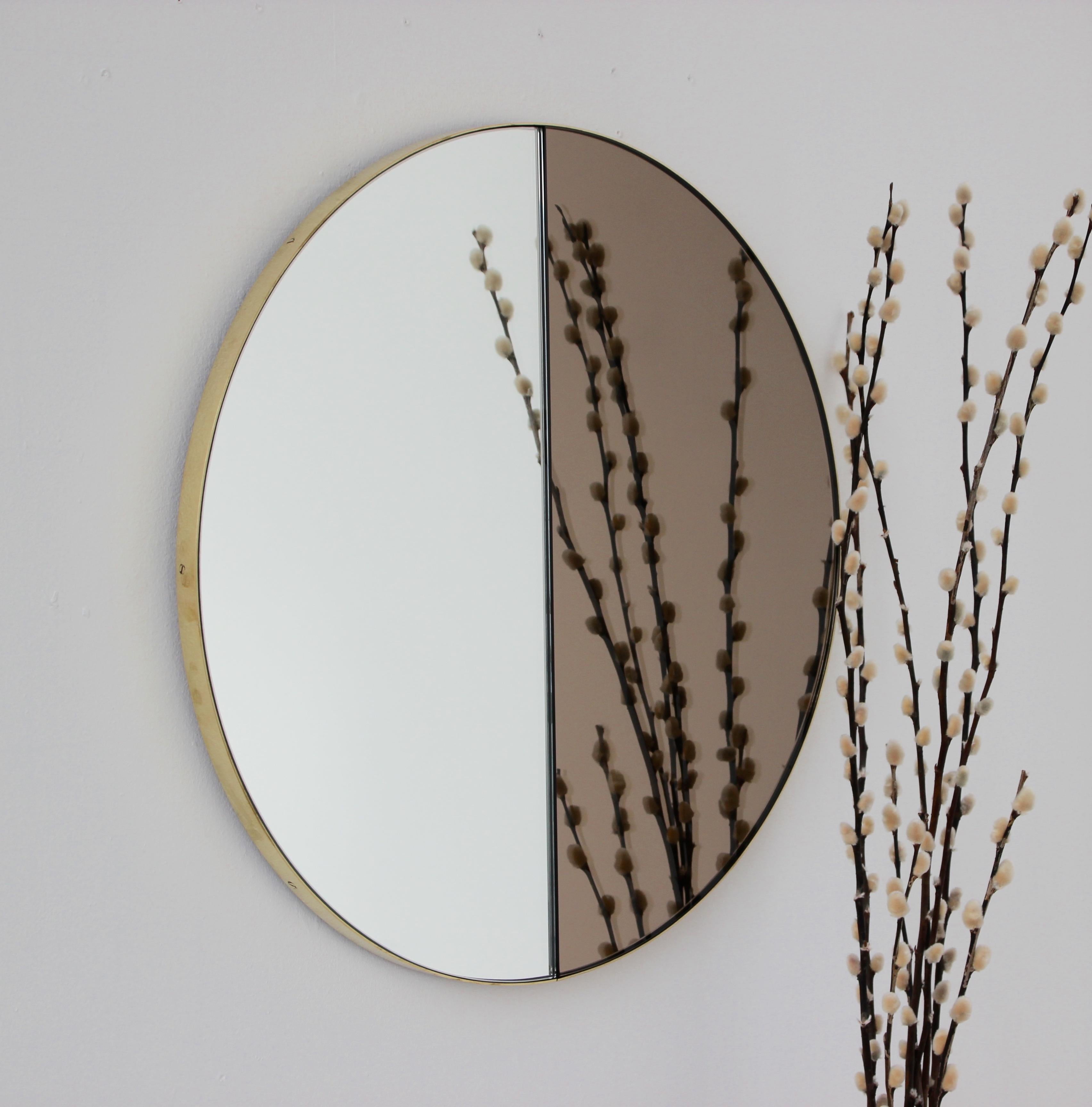 Organic Modern Orbis Dualis Mixed Tinted Silver and Bronze Round Mirror with Brass Frame, XL For Sale