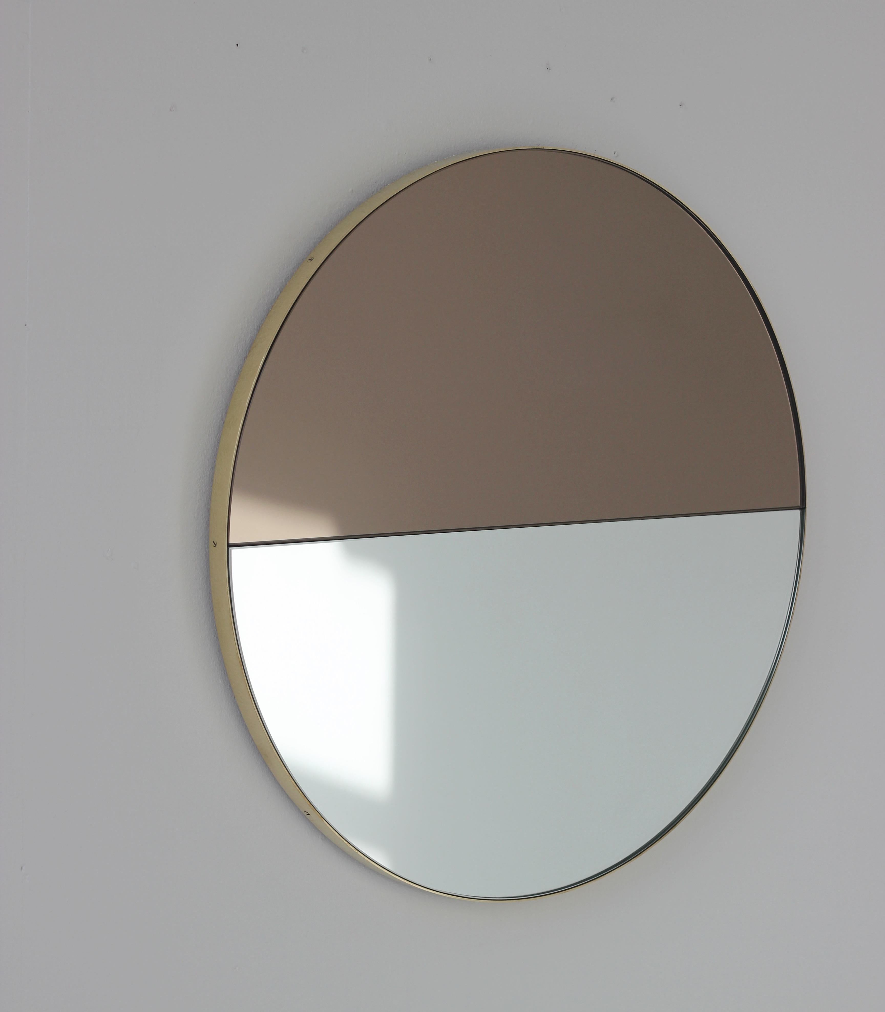 British Orbis Dualis Mixed Tinted Silver and Bronze Round Mirror with Brass Frame, XL For Sale