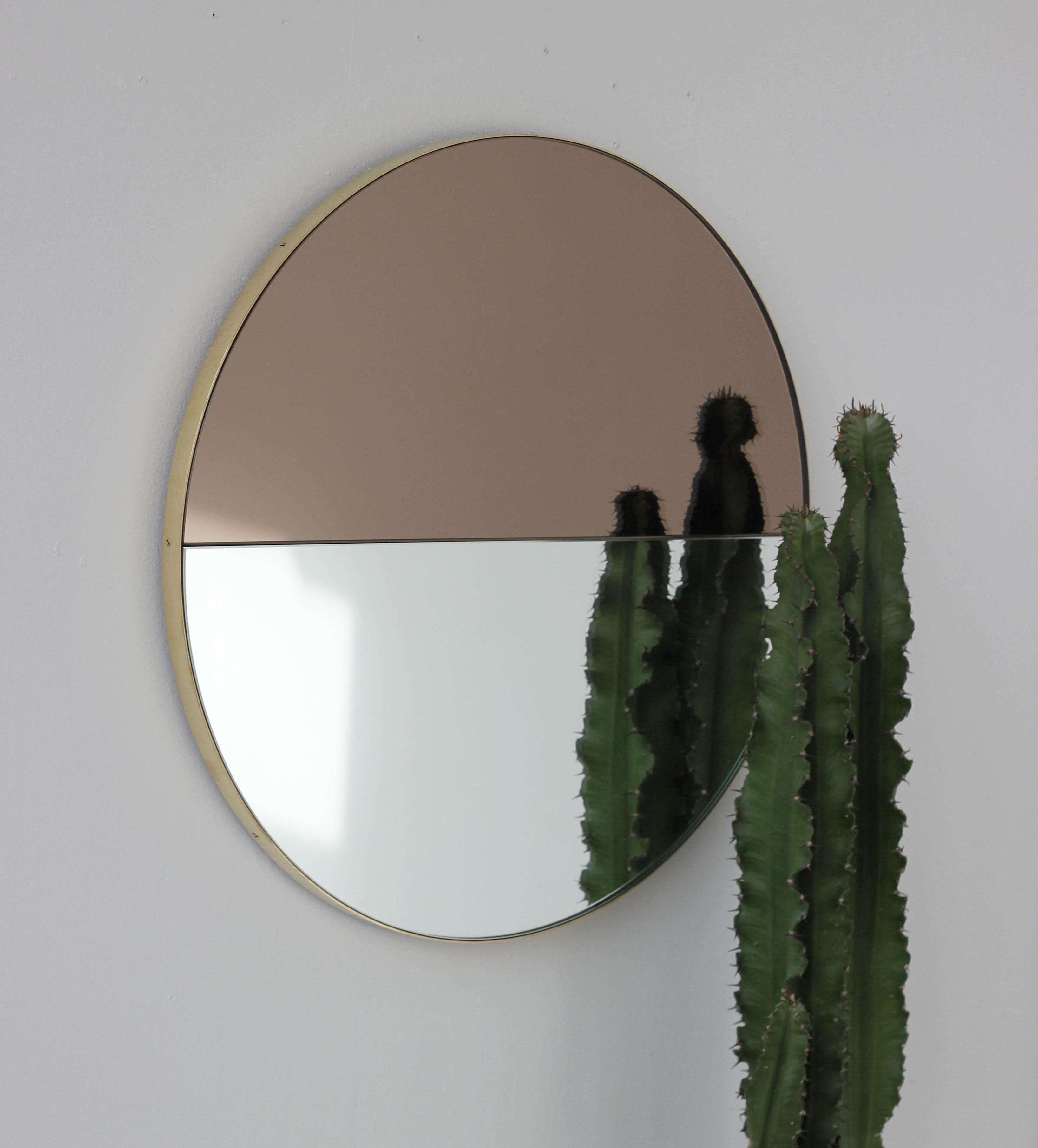 Contemporary Orbis Dualis Mixed Silver and Bronze Round Mirror with Brass Frame, Large For Sale