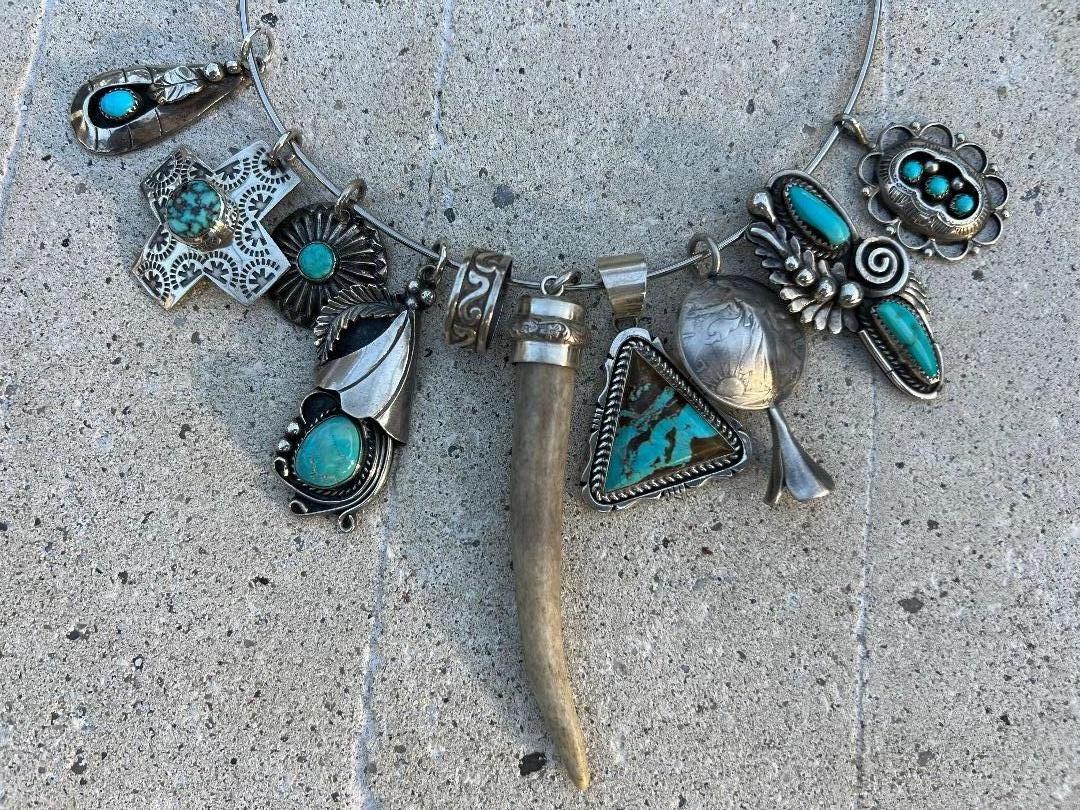 Cabochon Mixed Vintage Turquoise, Sterling Silver and Antler Neck Mess Collar Necklace