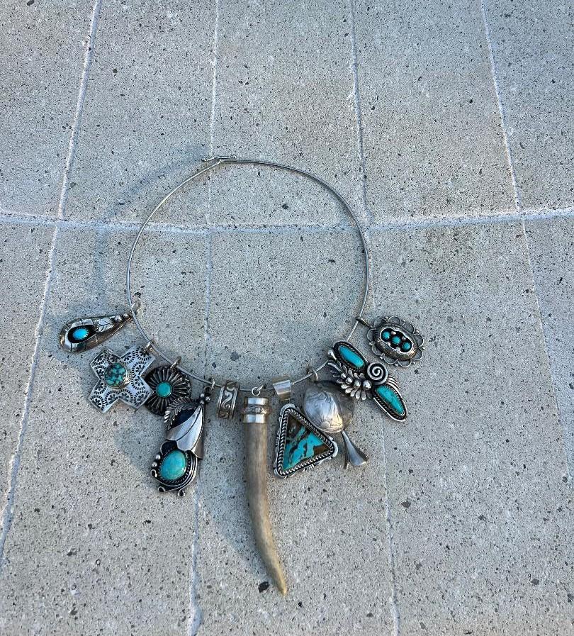 Mixed Vintage Turquoise, Sterling Silver and Antler Neck Mess Collar Necklace In New Condition In Naples, FL