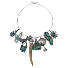 Mixed Vintage Turquoise, Sterling Silver and Antler Neck Mess Collar Necklace