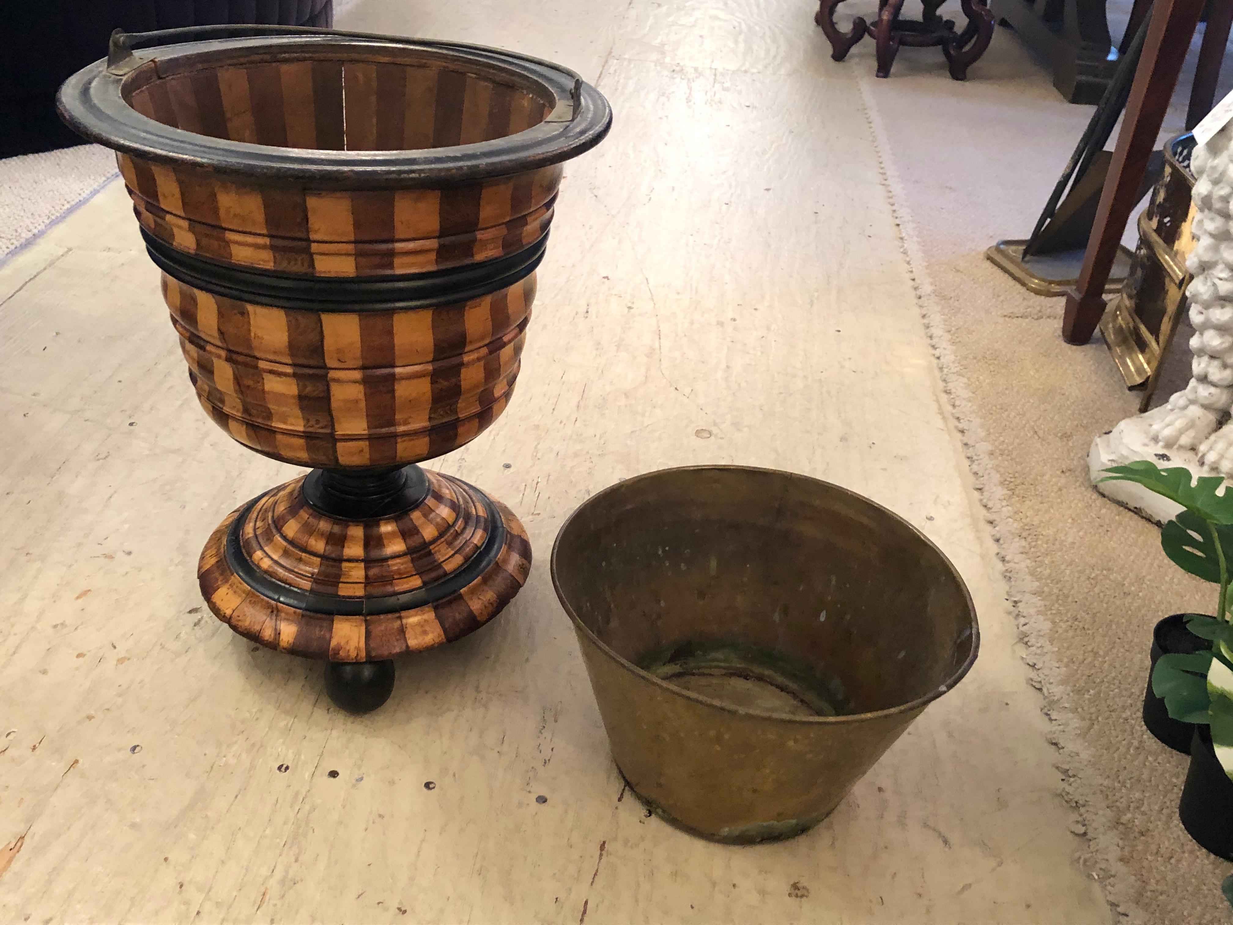 Mixed Wood Striped Vintage Planter with Copper Liner For Sale 6