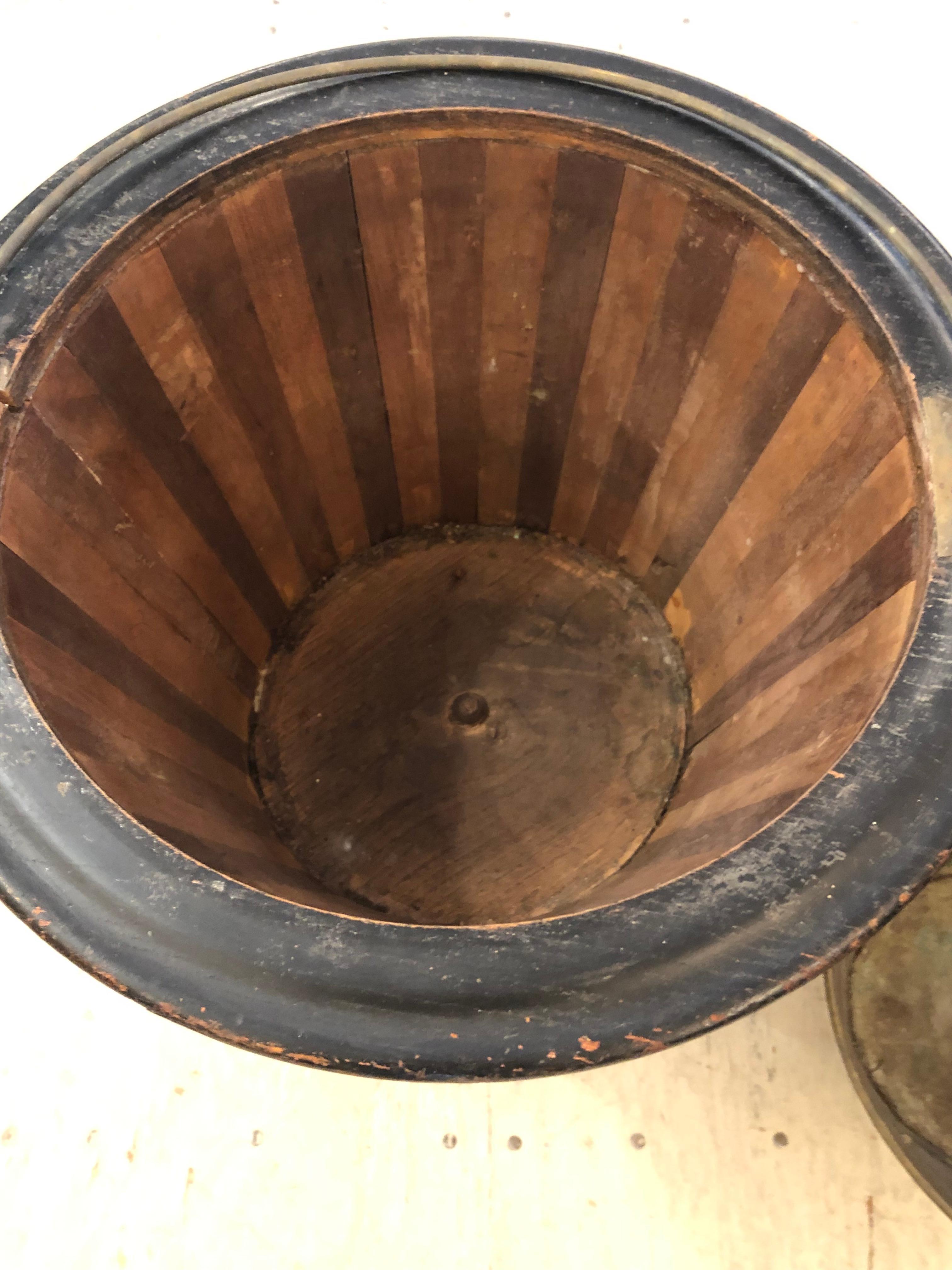 Mixed Wood Striped Vintage Planter with Copper Liner For Sale 1