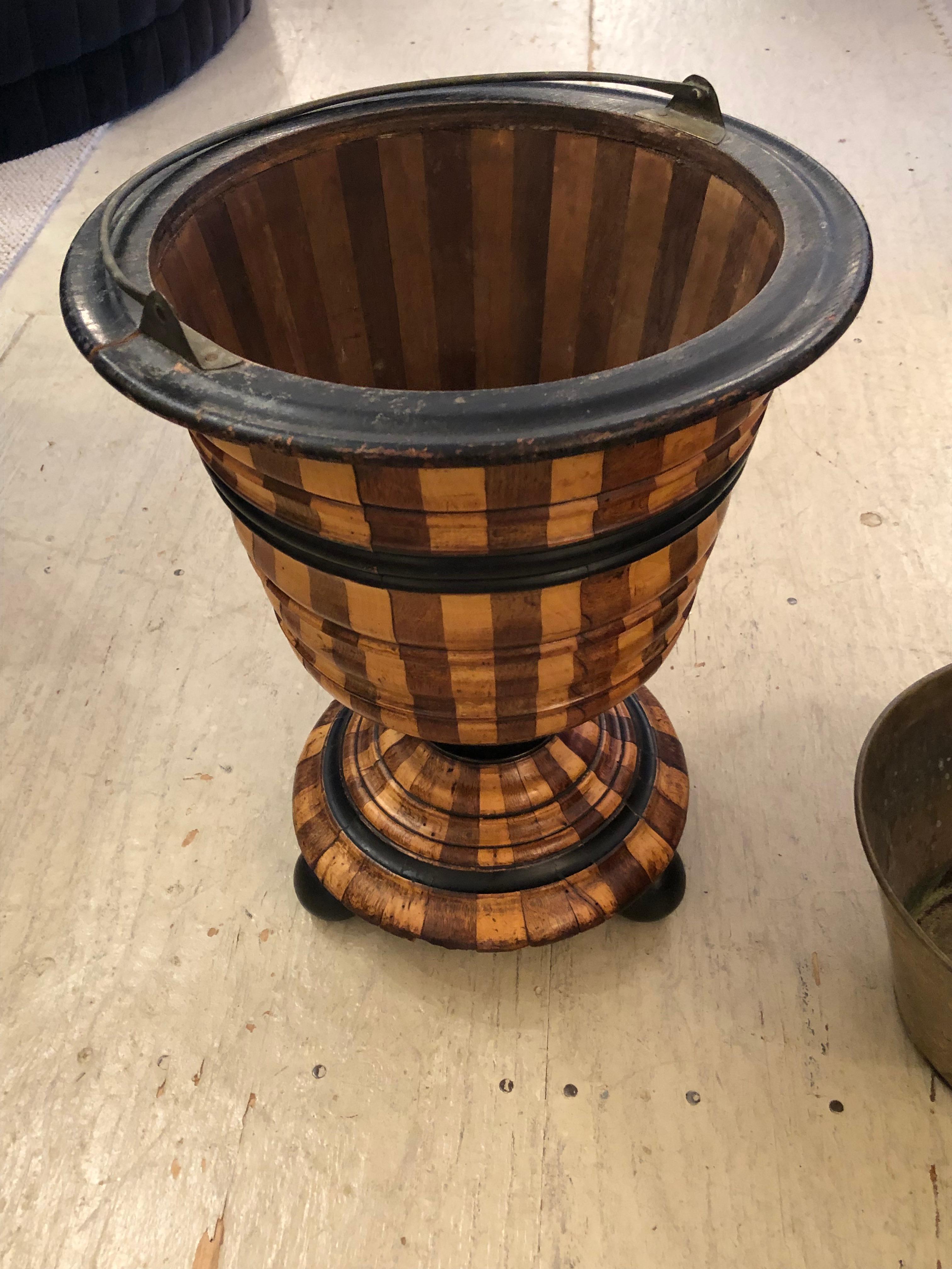 Mixed Wood Striped Vintage Planter with Copper Liner For Sale 3
