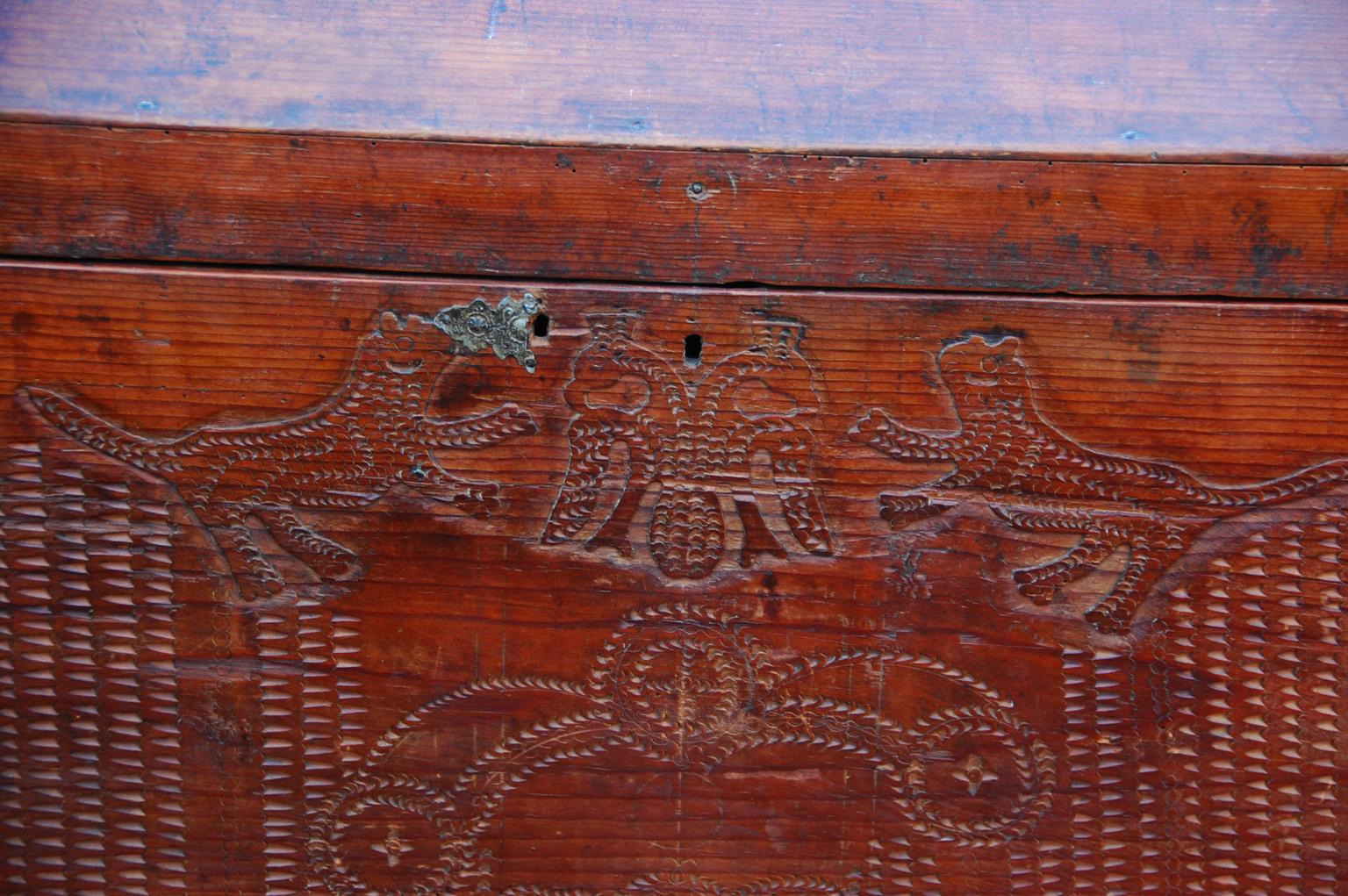 Folk Art Mixteca 19th Century Wedding Chest Jaguar and Crowned Eagle Carvings Arched Top