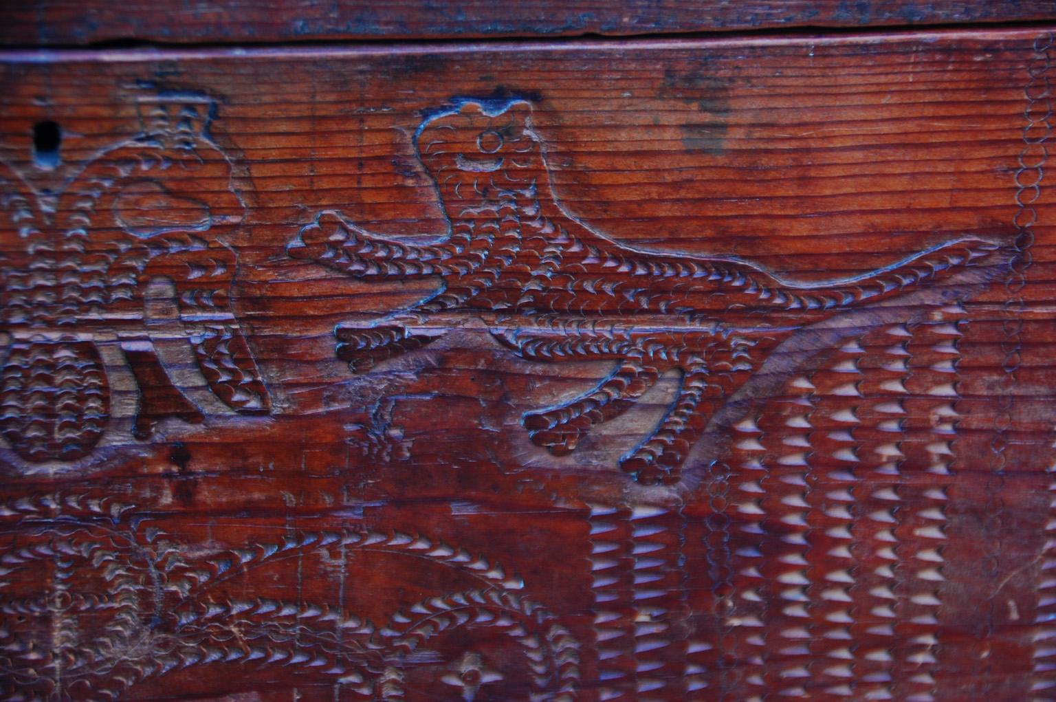 Mexican Mixteca 19th Century Wedding Chest Jaguar and Crowned Eagle Carvings Arched Top